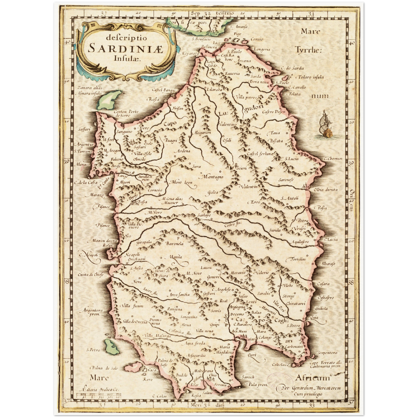 Historische Landkarte Sardinien um 1698