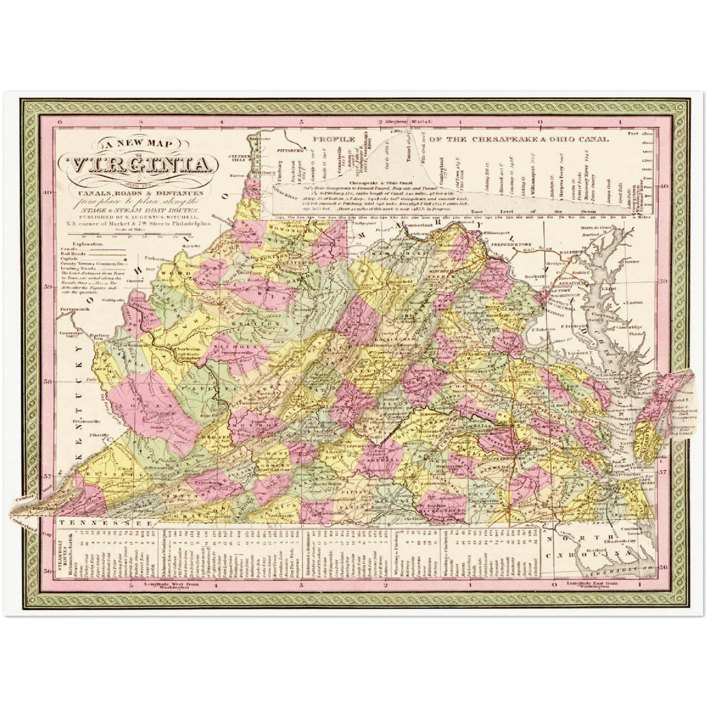 Historische Landkarte Virginia um 1849