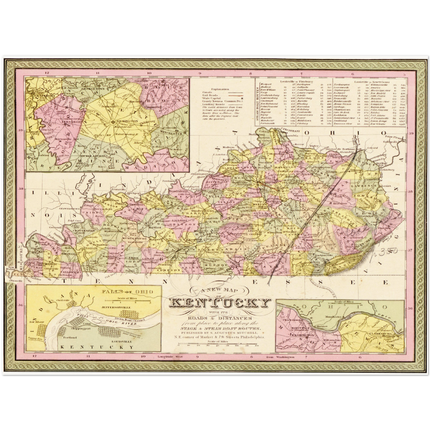 Historische Landkarte Kentucky um 1849