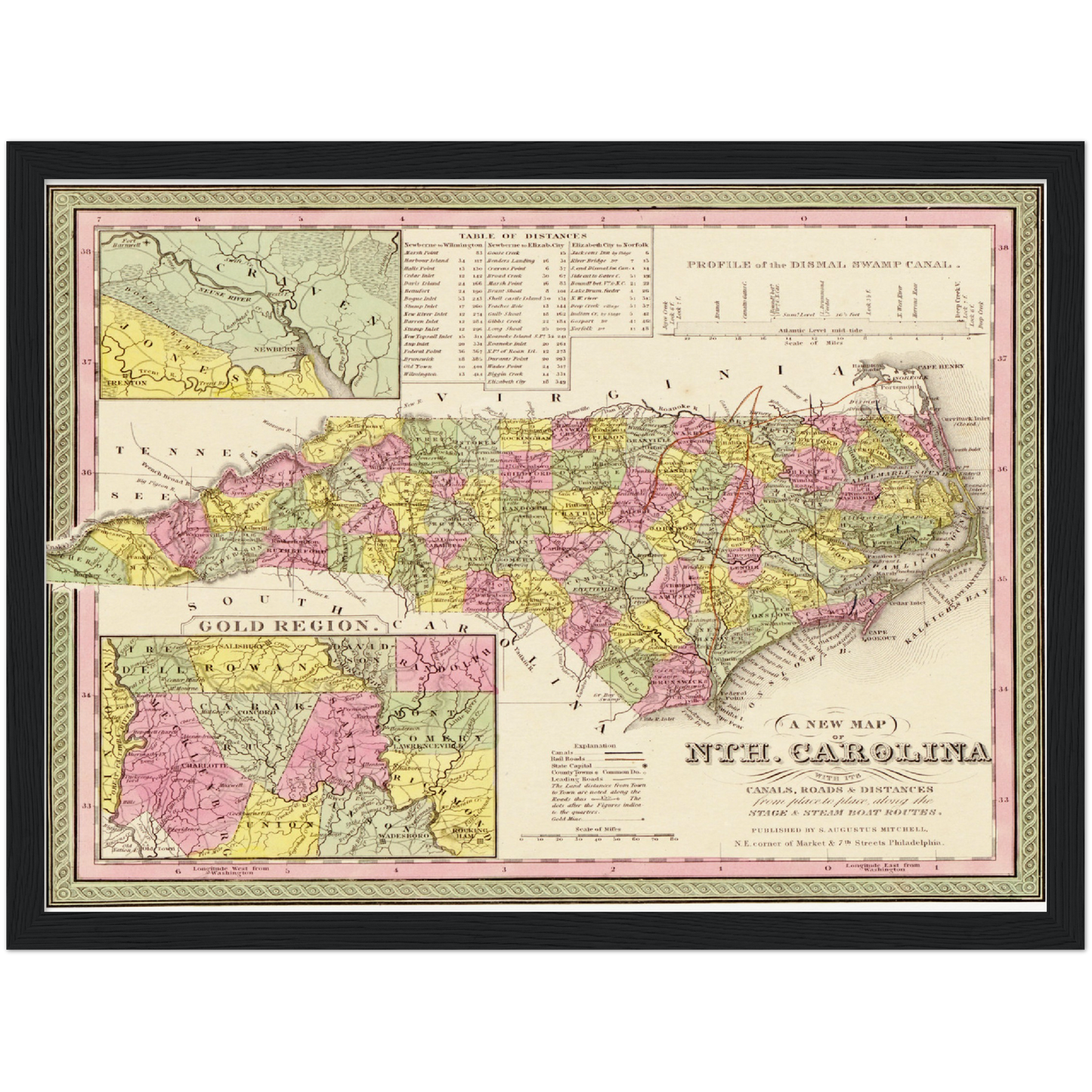 Historische Landkarte North Carolina um 1849