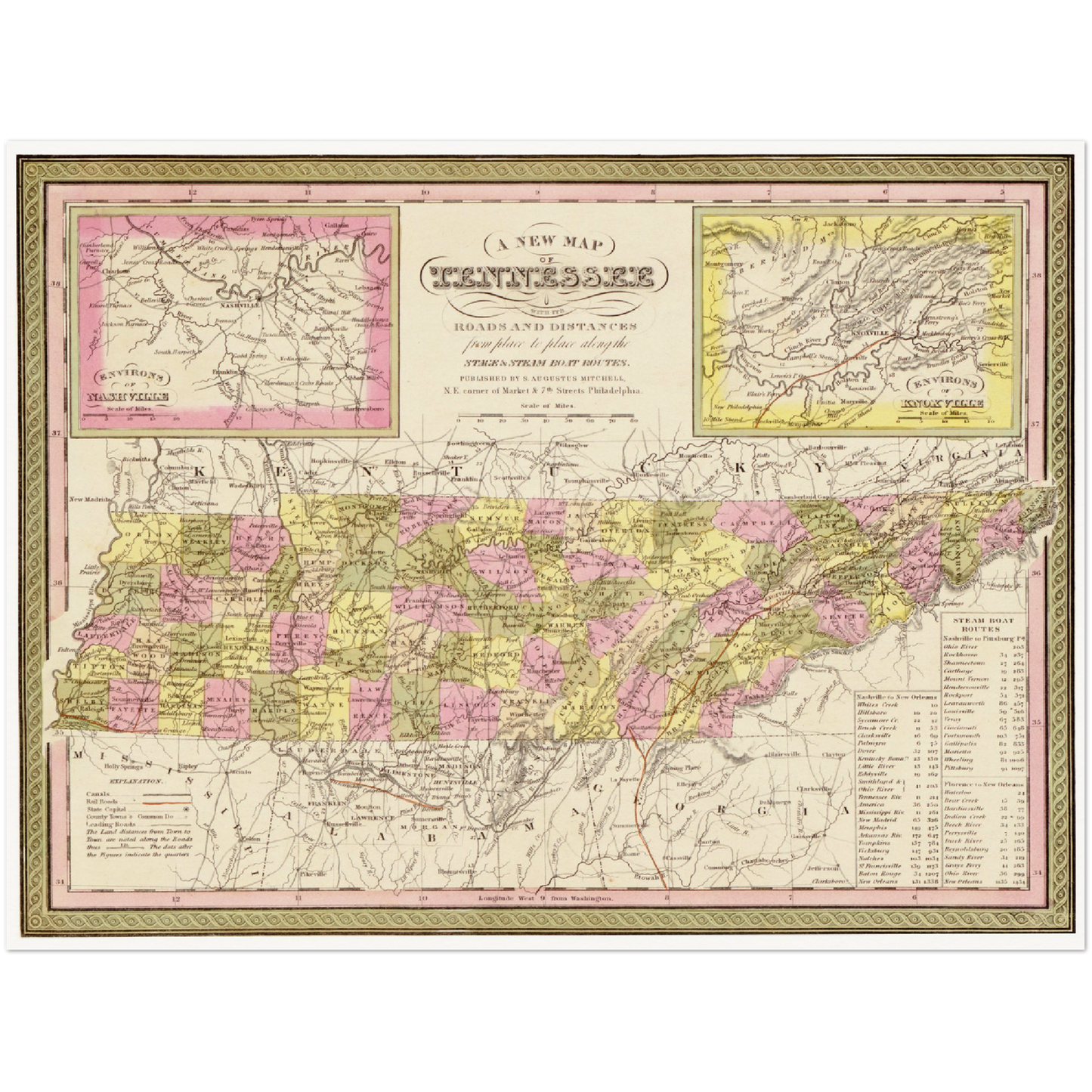 Historische Landkarte Tennessee um 1849