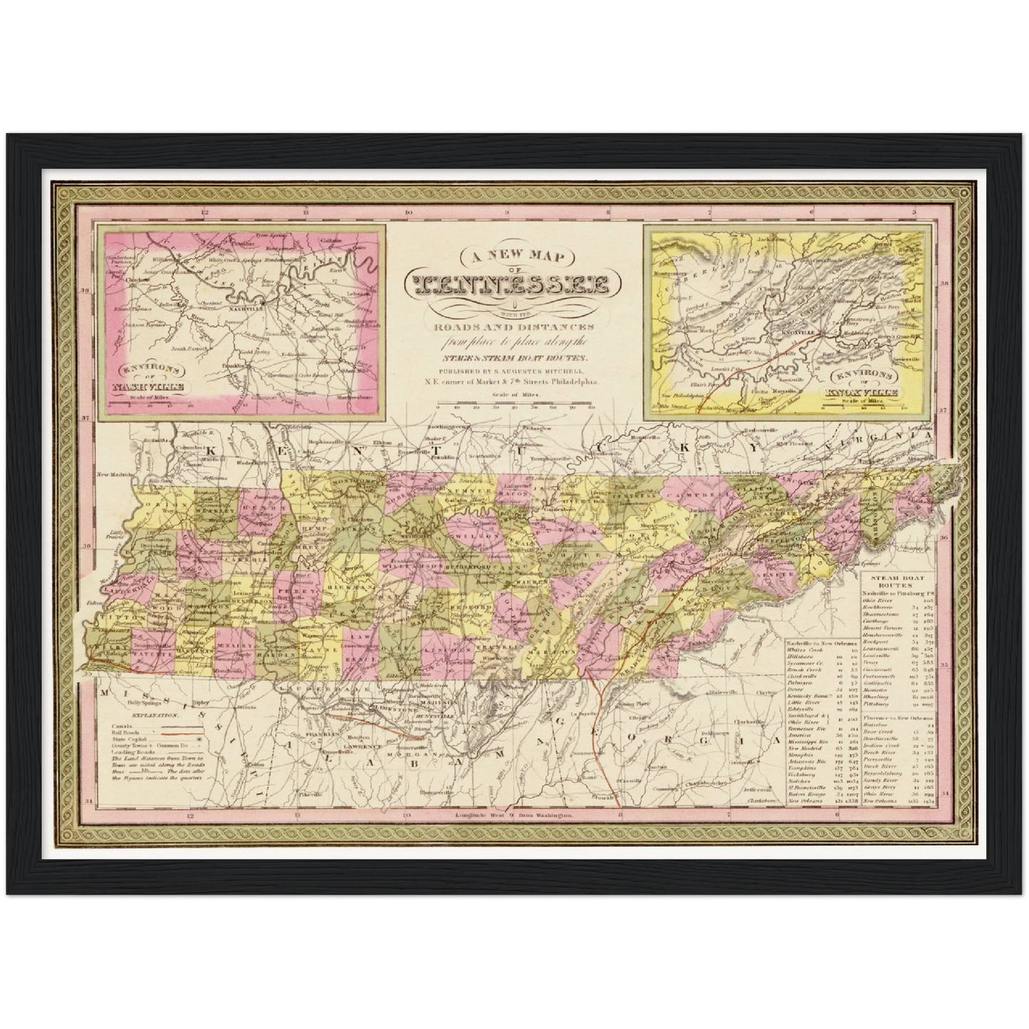 Historische Landkarte Tennessee um 1849