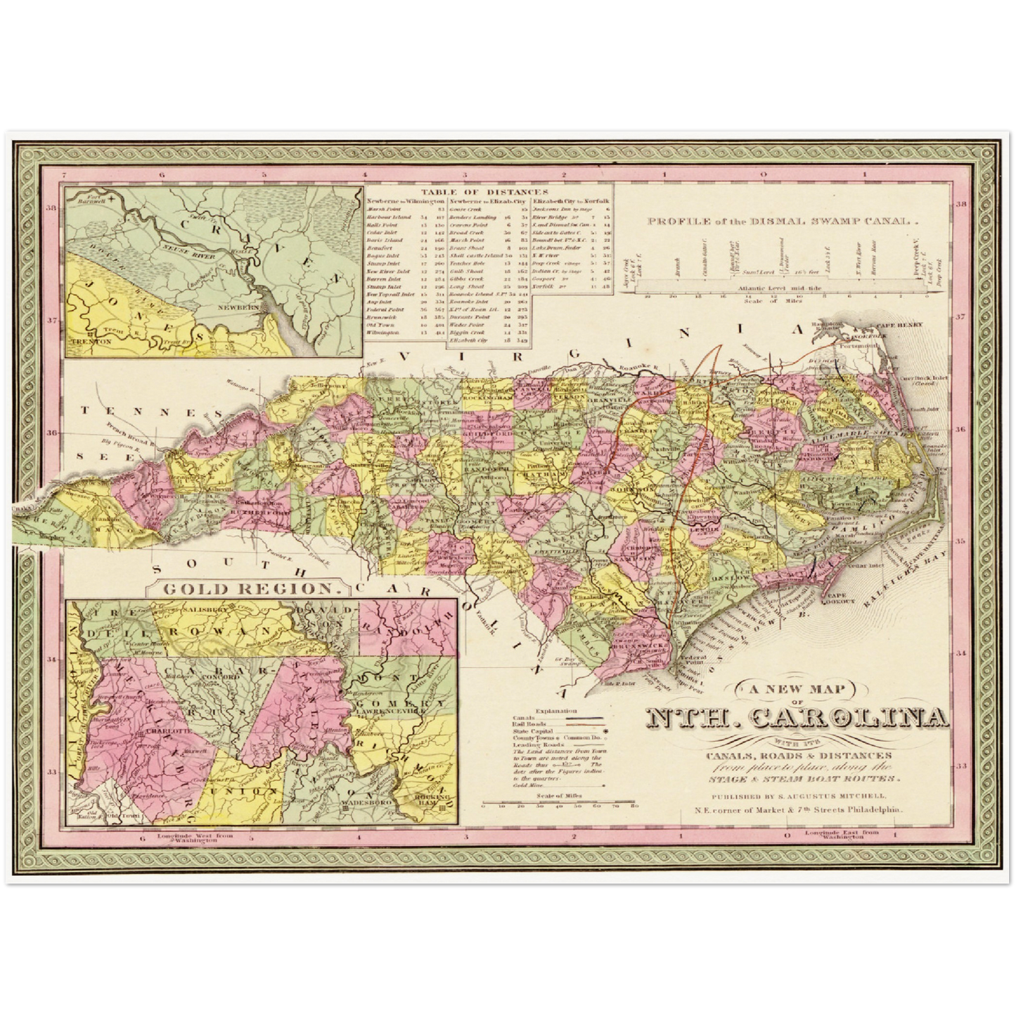 Historische Landkarte North Carolina um 1849