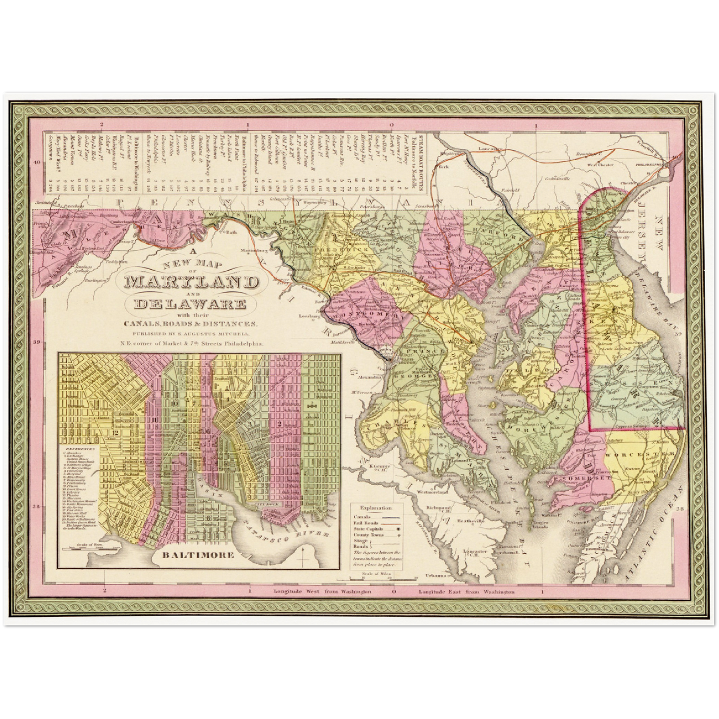 Historische Landkarte Delaware & Maryland um 1849