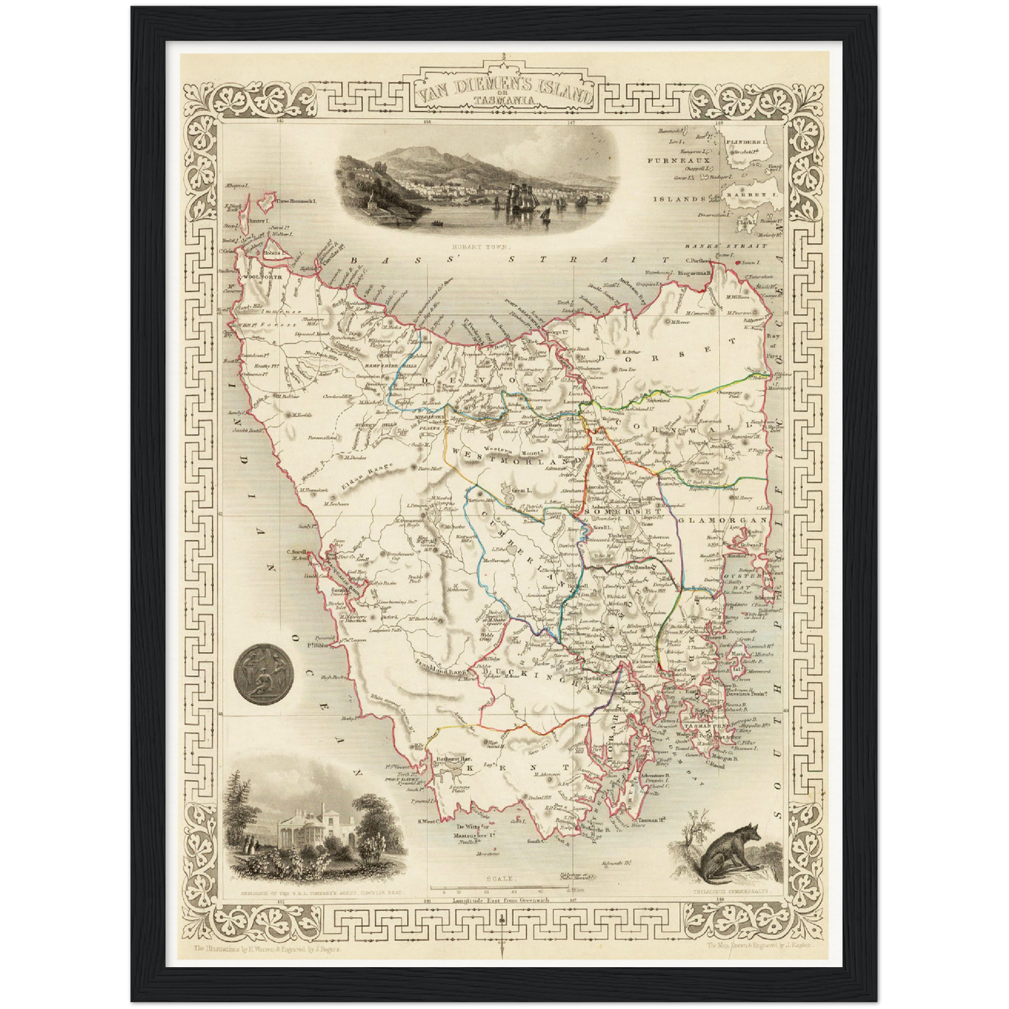Historische Landkarte Tasmanien um 1850