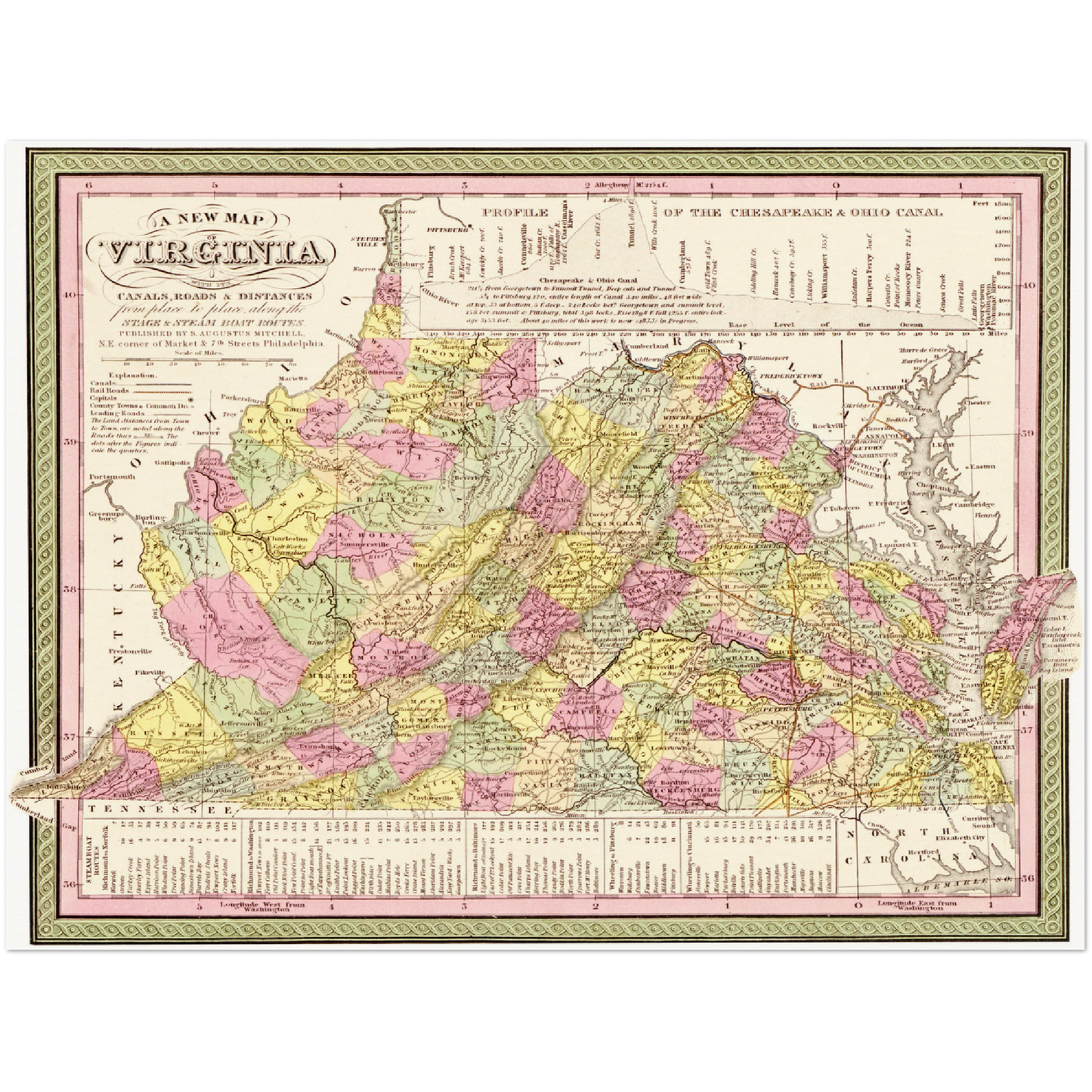 Historische Landkarte Virginia um 1849