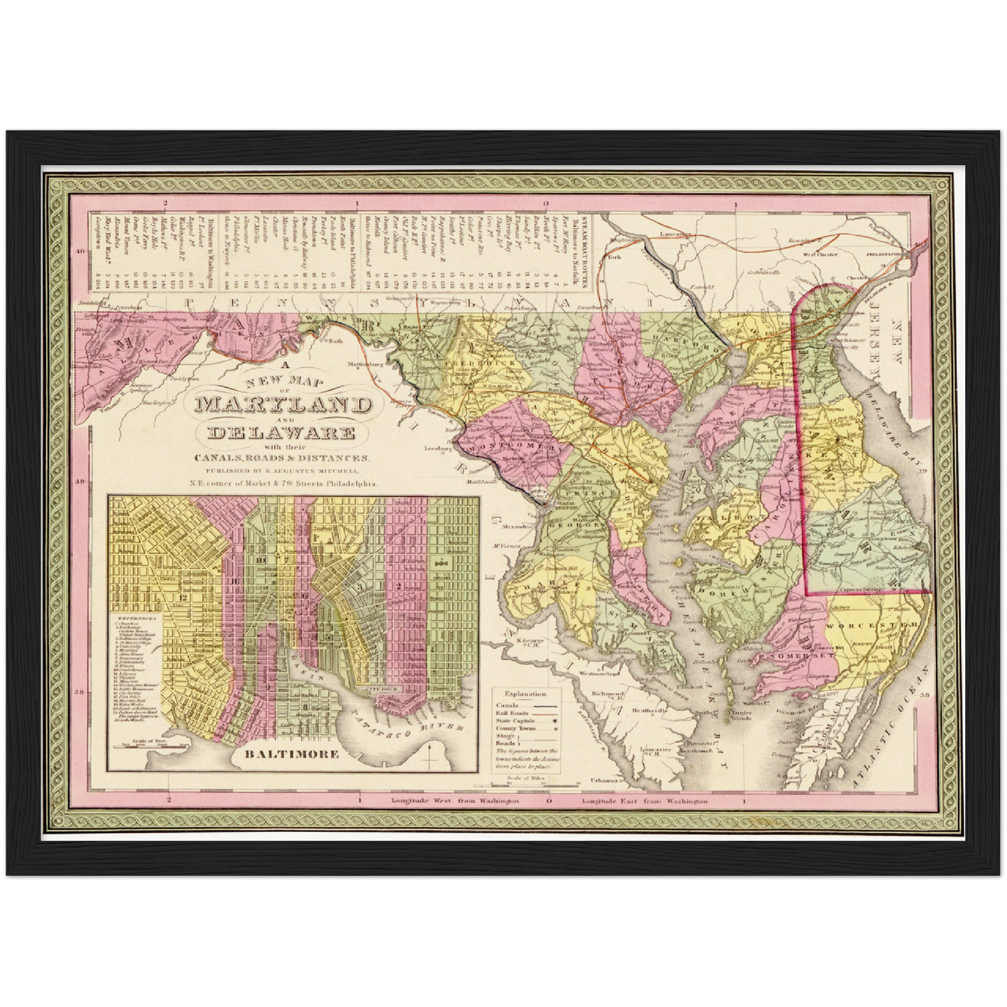 Historische Landkarte Delaware & Maryland um 1849