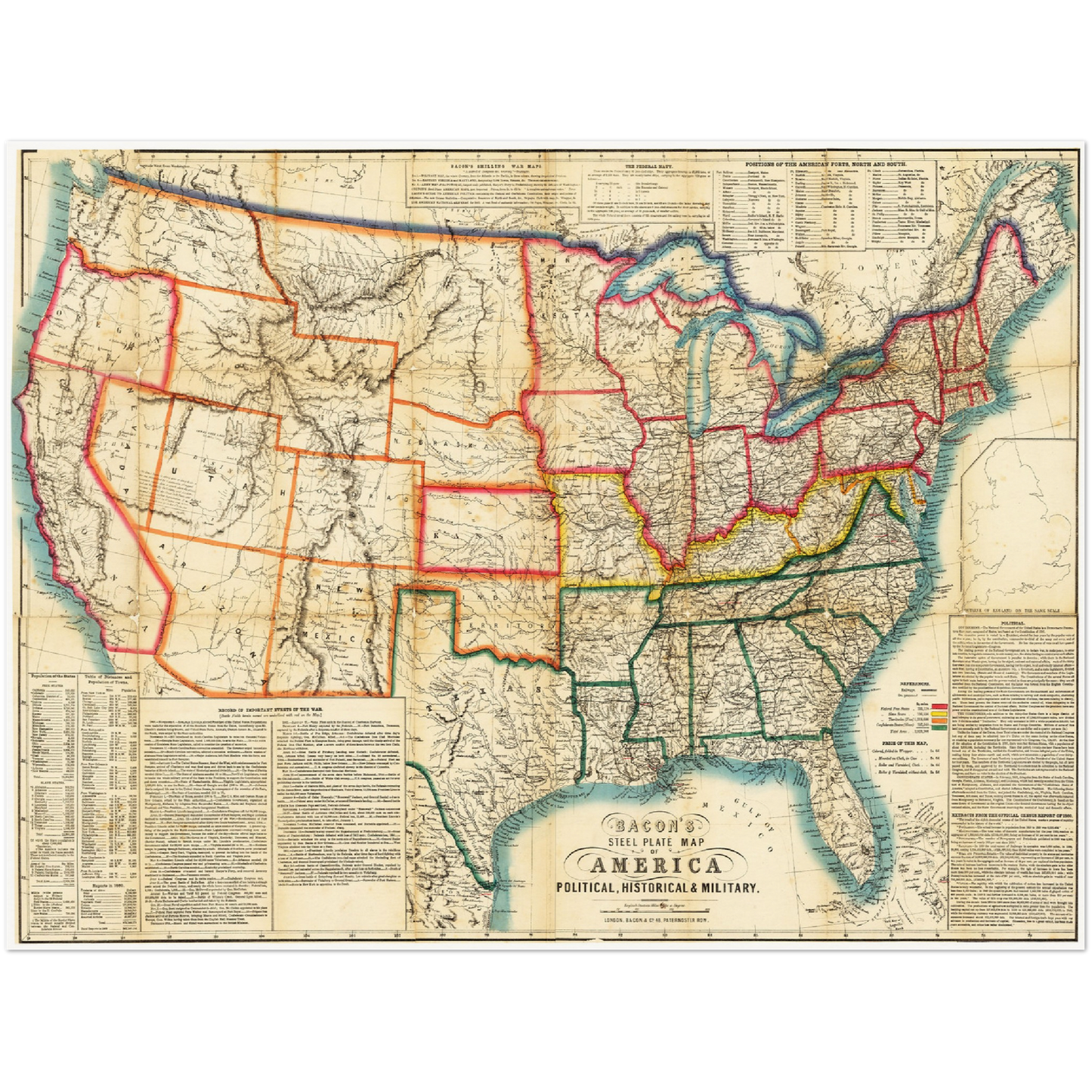 Historische Landkarte USA um 1863