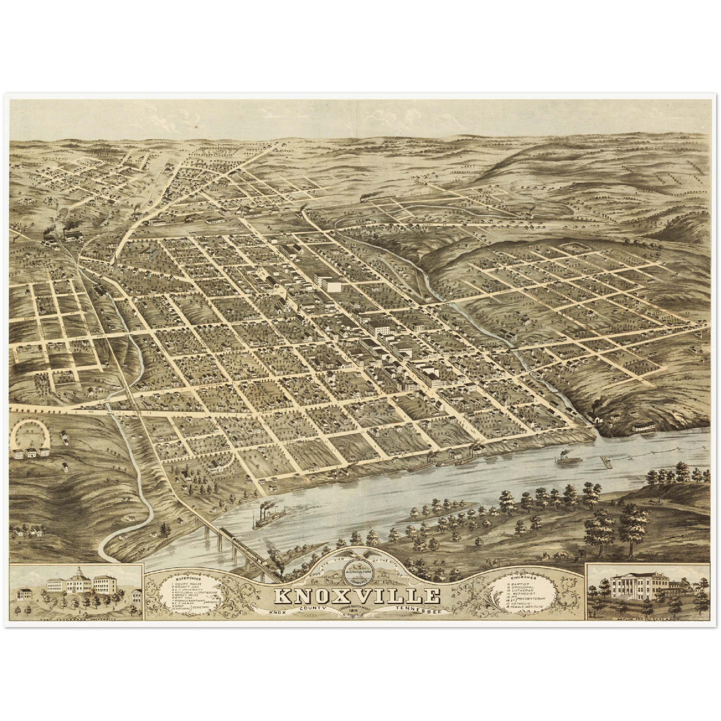 Historische Stadtansicht Knoxville um 1871