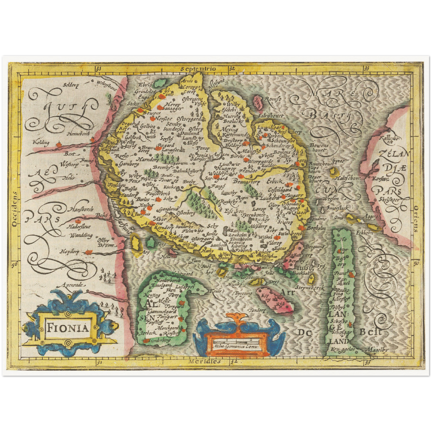 Historische Landkarte Insel Fünen um 1609