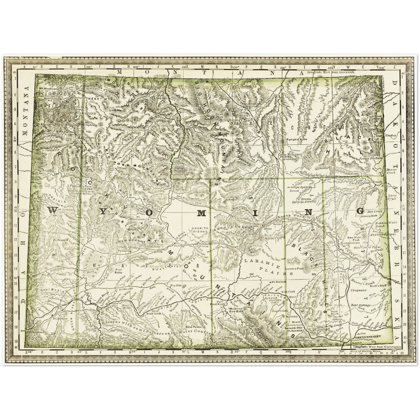 Historische Landkarte Wyoming um 1882