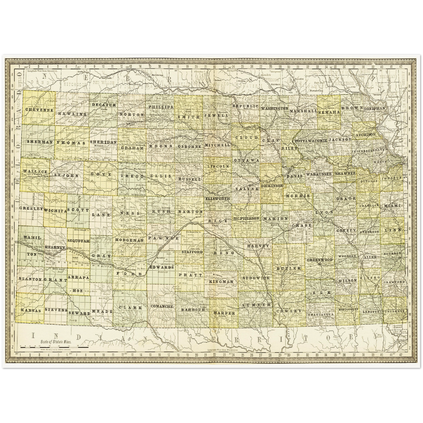 Historische Landkarte Kansas um 1882