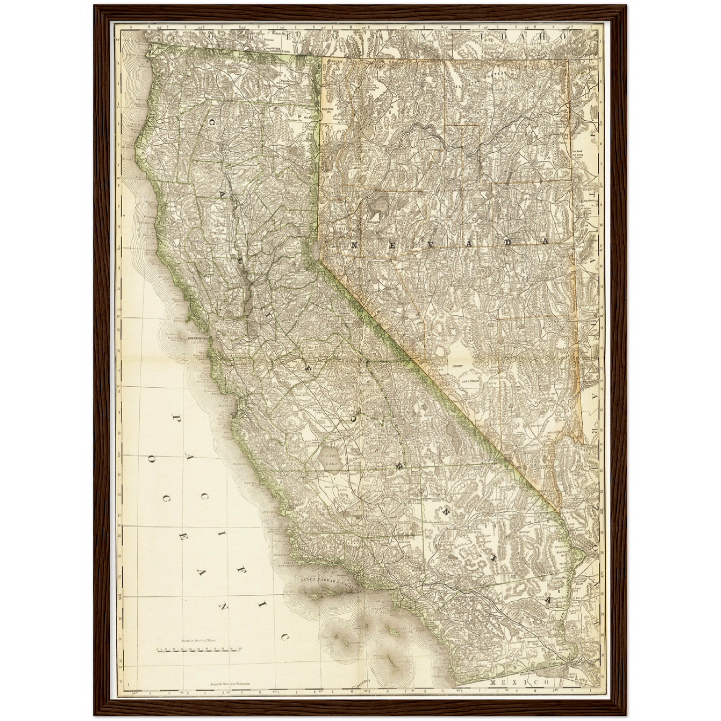 Historische Landkarte Kalifornien & Nevada um 1882