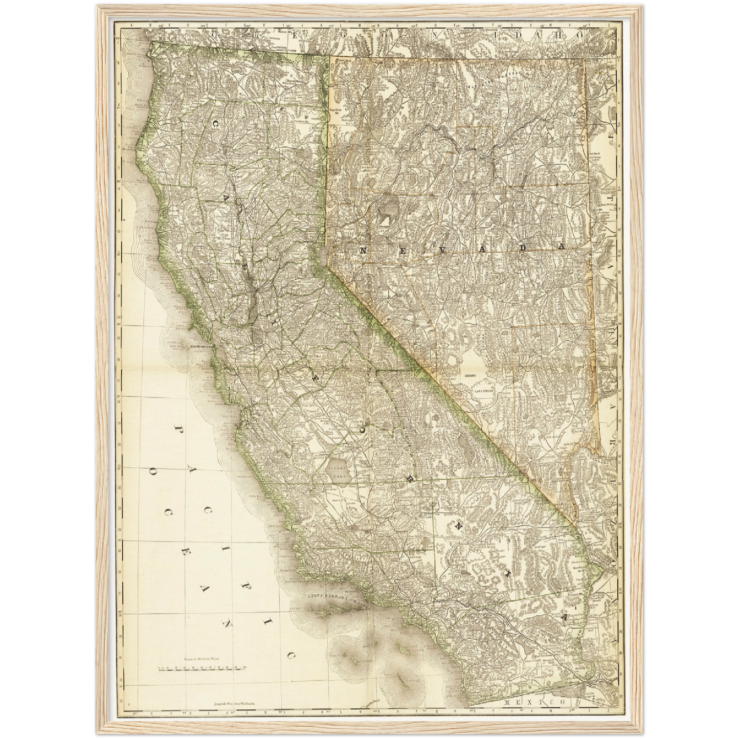 Historische Landkarte Kalifornien & Nevada um 1882