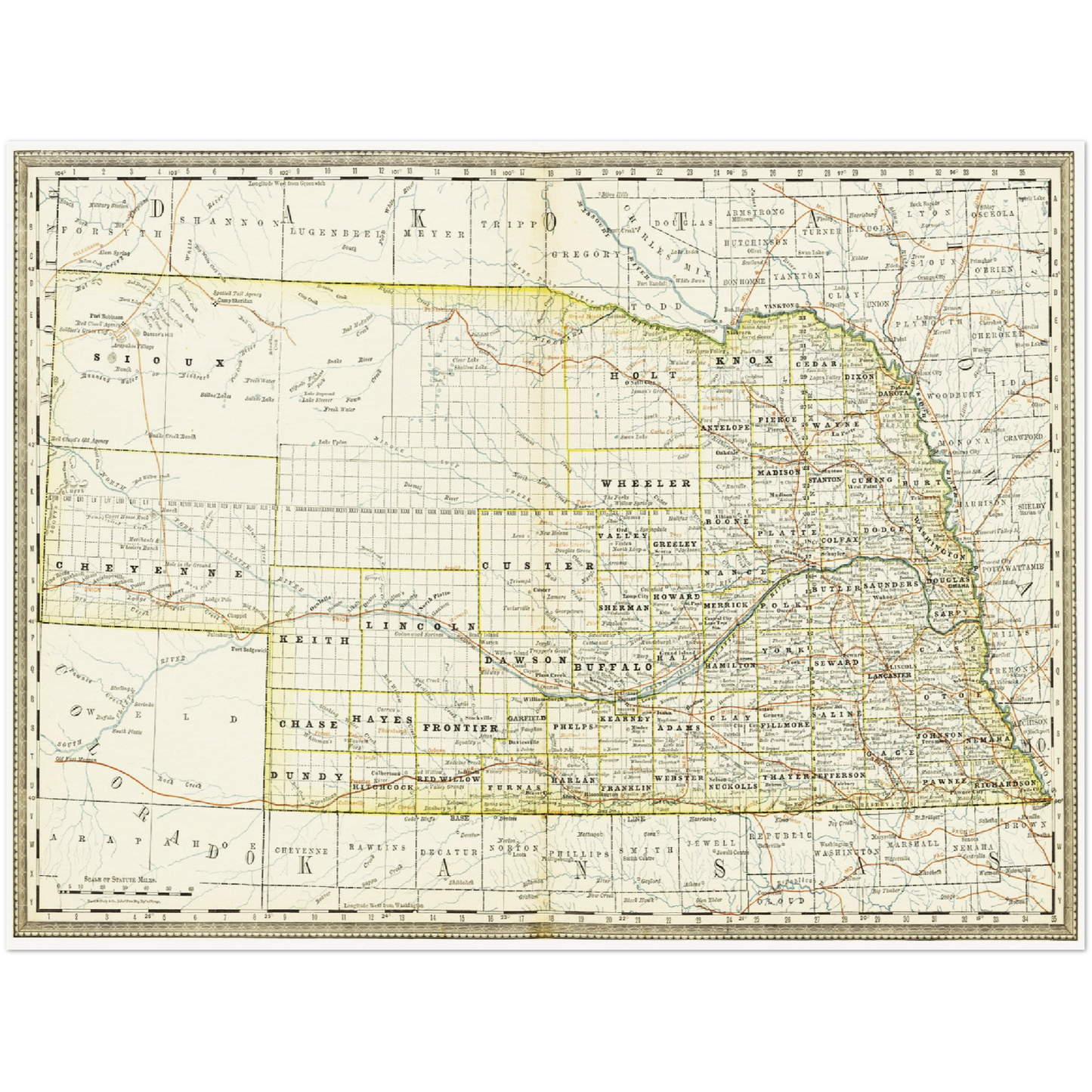 Historische Landkarte Nebraska um 1882