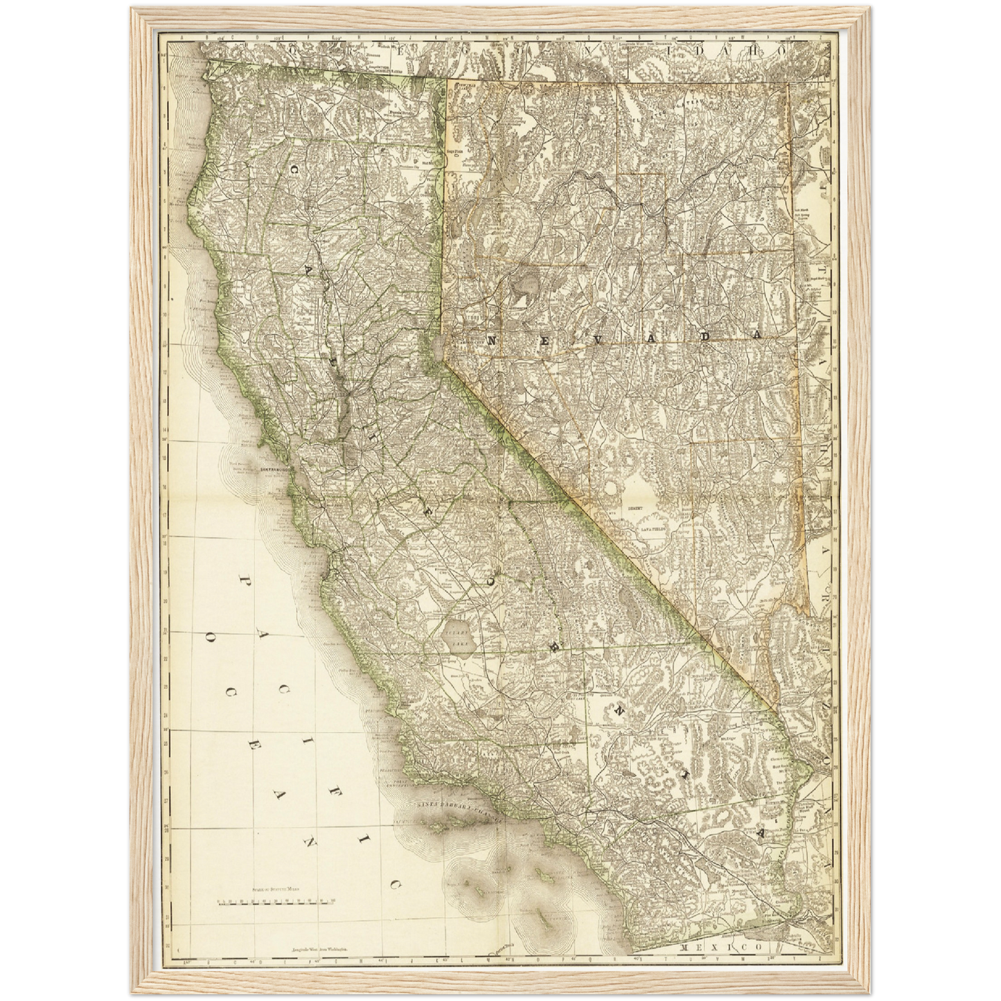 Historische Landkarte Kalifornien & Nevada um 1882