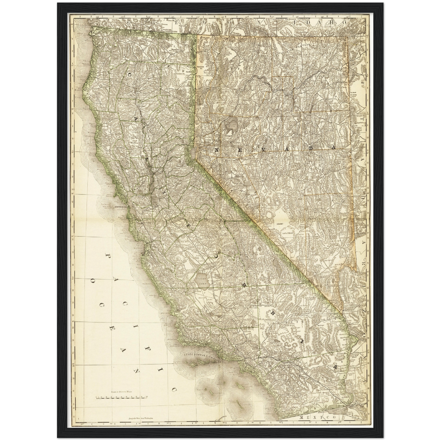 Historische Landkarte Kalifornien & Nevada um 1882