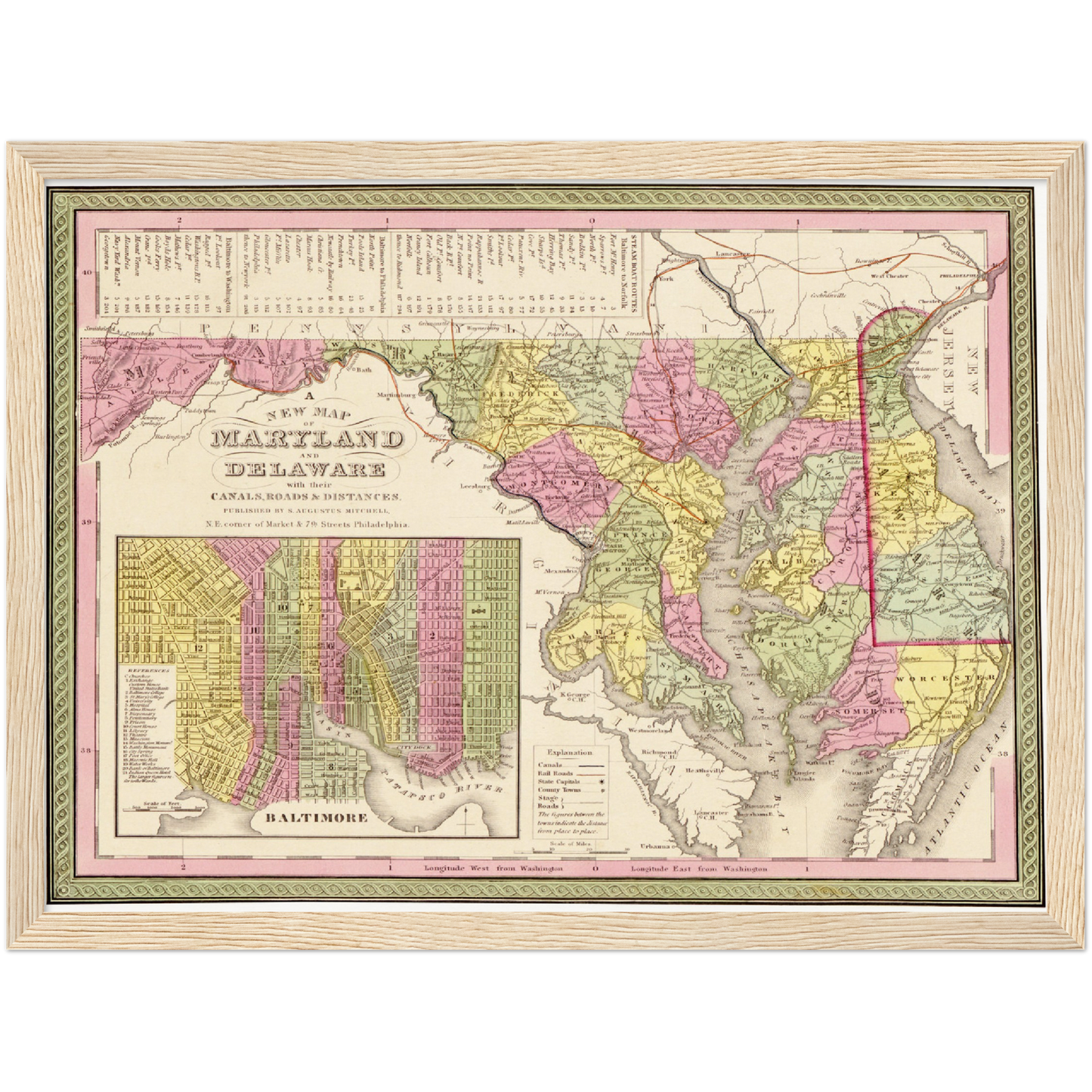 Historische Landkarte Delaware & Maryland um 1849