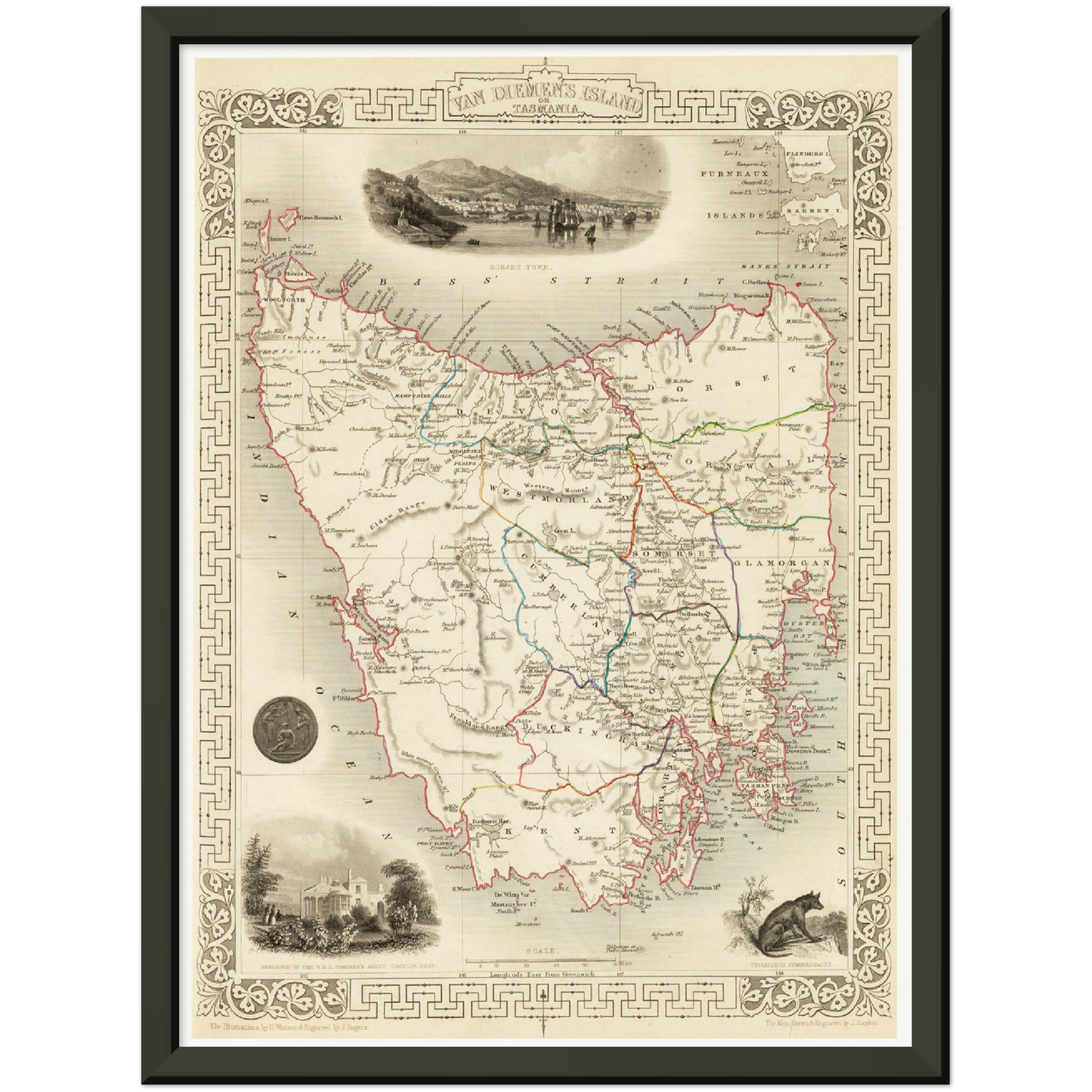 Historische Landkarte Tasmanien um 1850