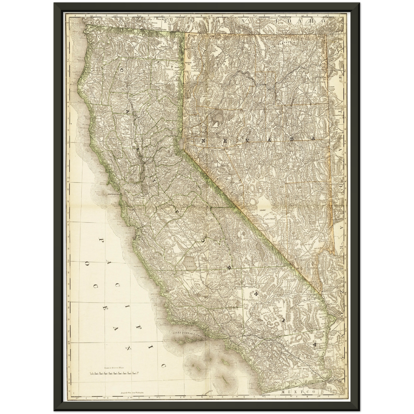 Historische Landkarte Kalifornien & Nevada um 1882