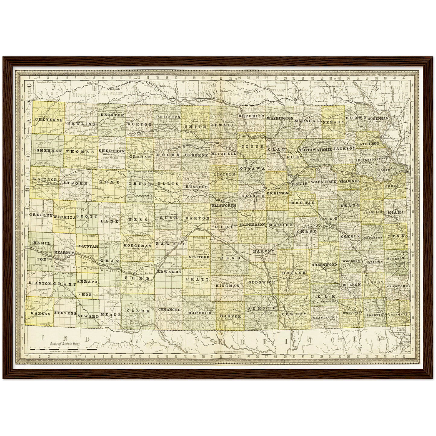 Historische Landkarte Kansas um 1882
