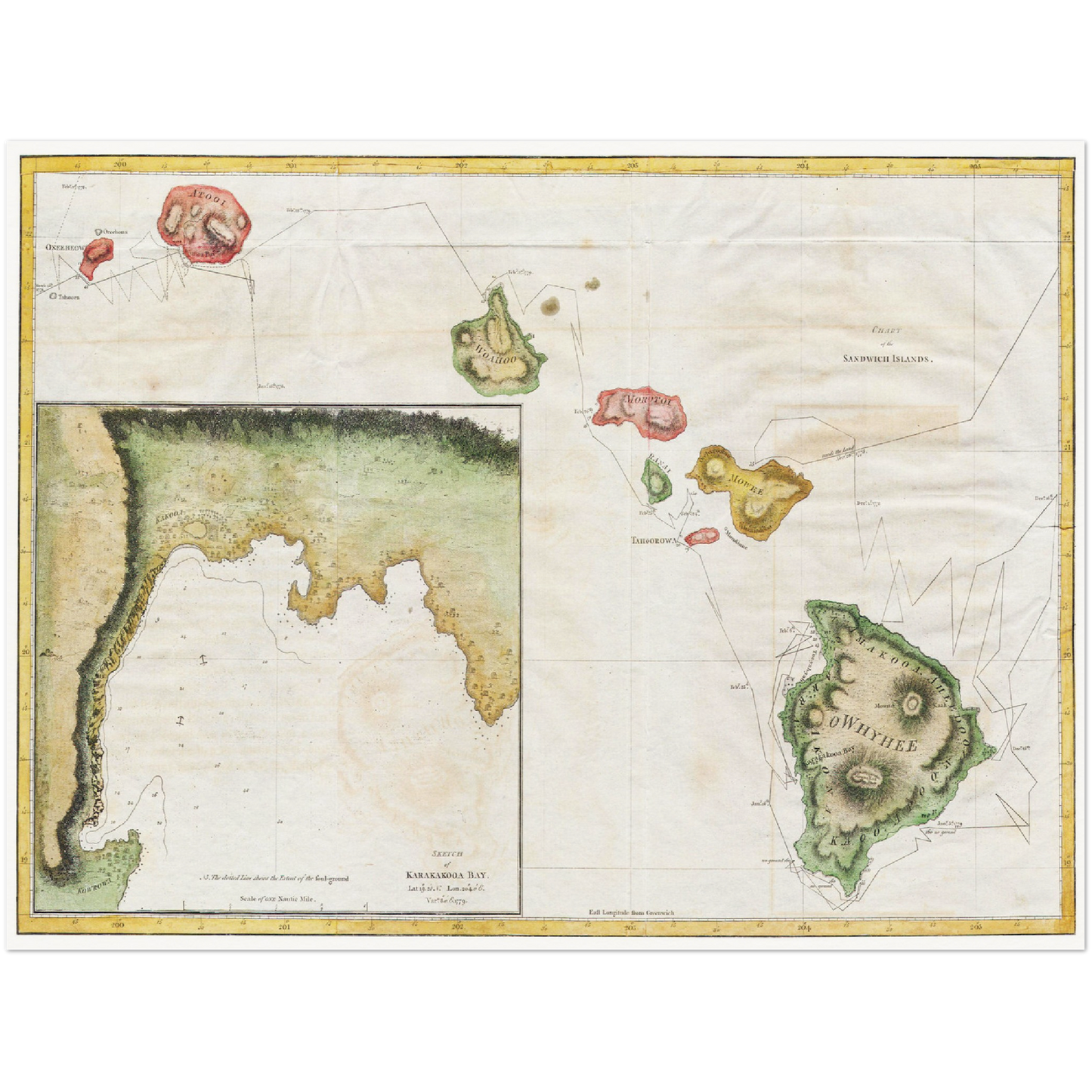 Historische Landkarte Hawaii um 1785