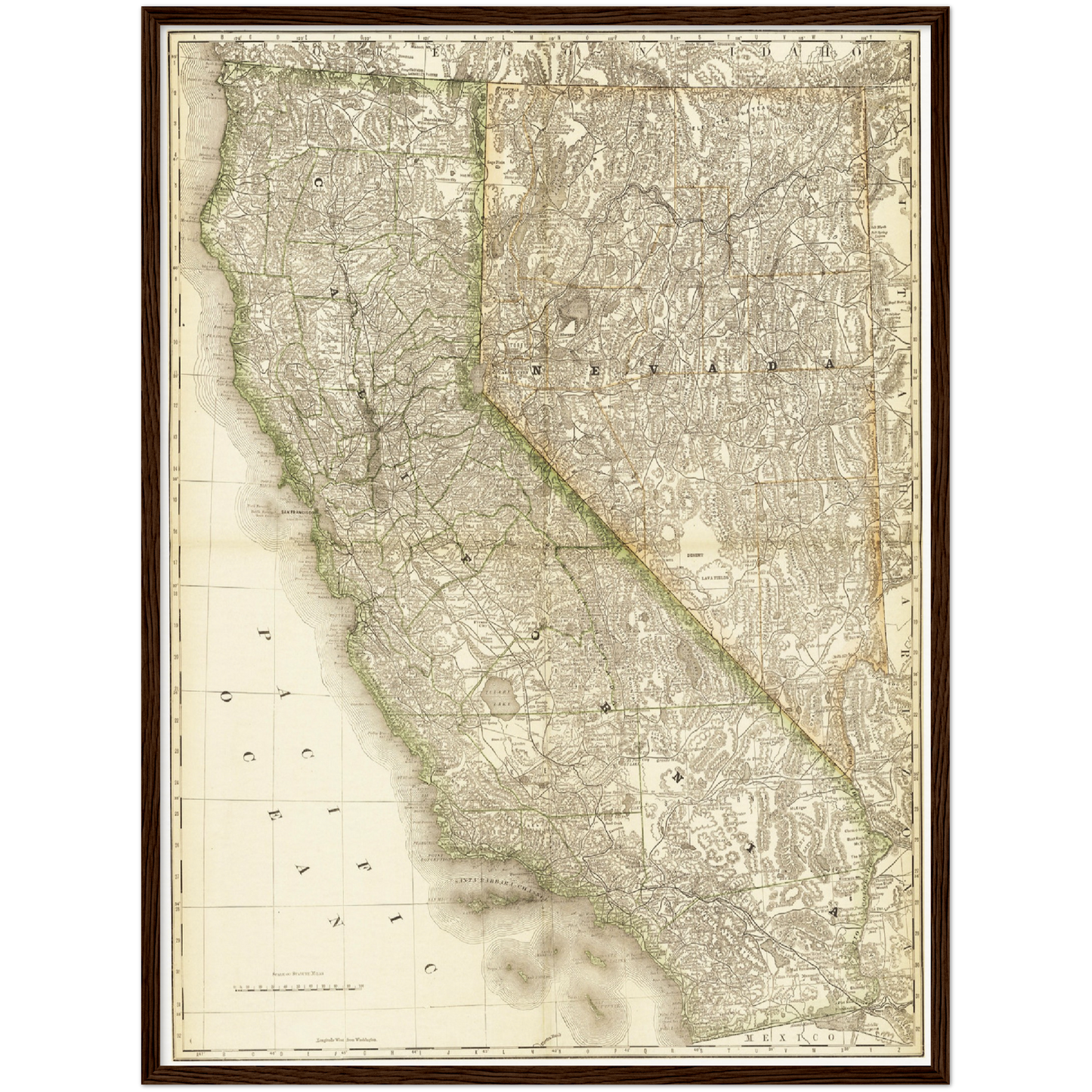 Historische Landkarte Kalifornien & Nevada um 1882