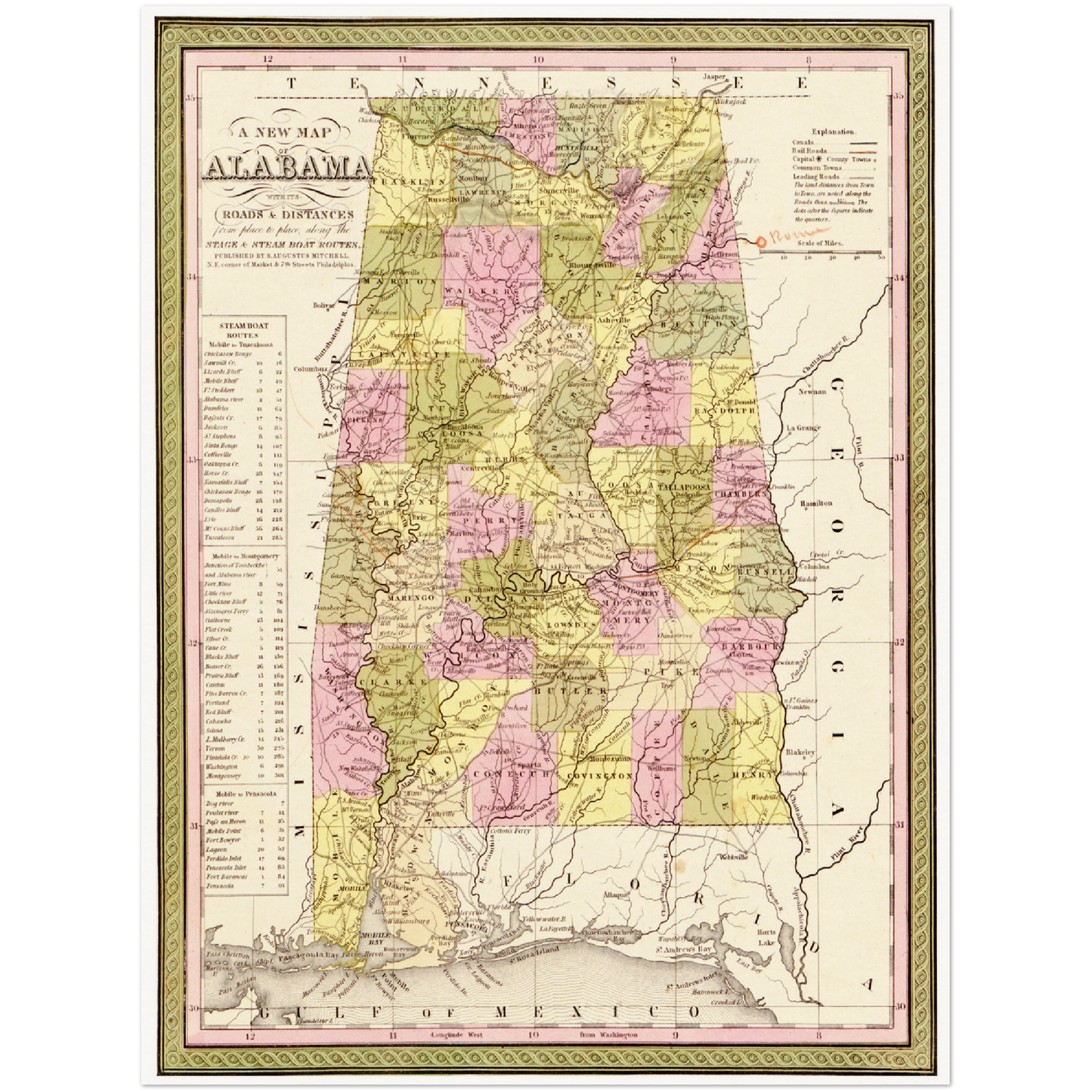 Historische Landkarte Alabama um 1849