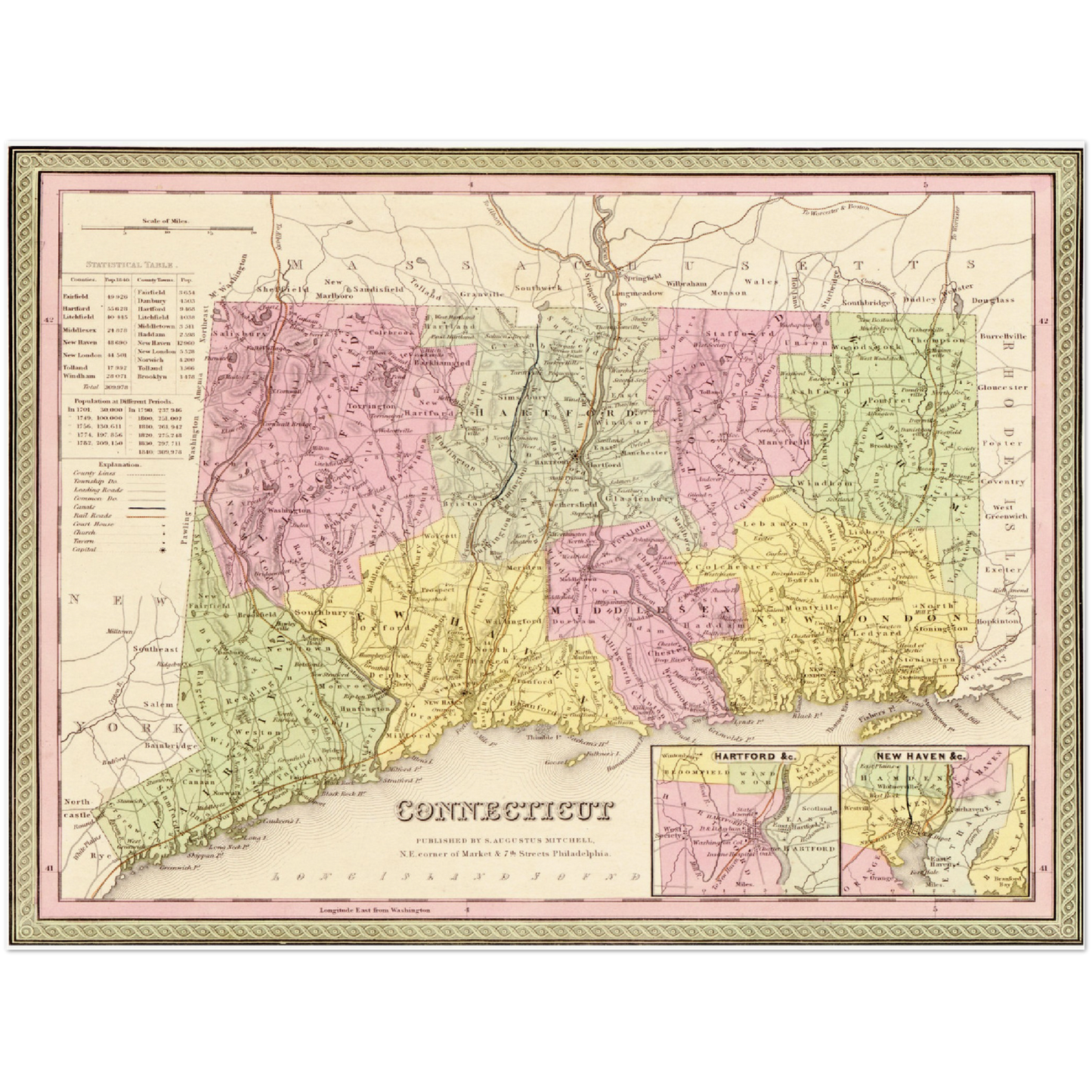 Historische Landkarte Connecticut um 1849