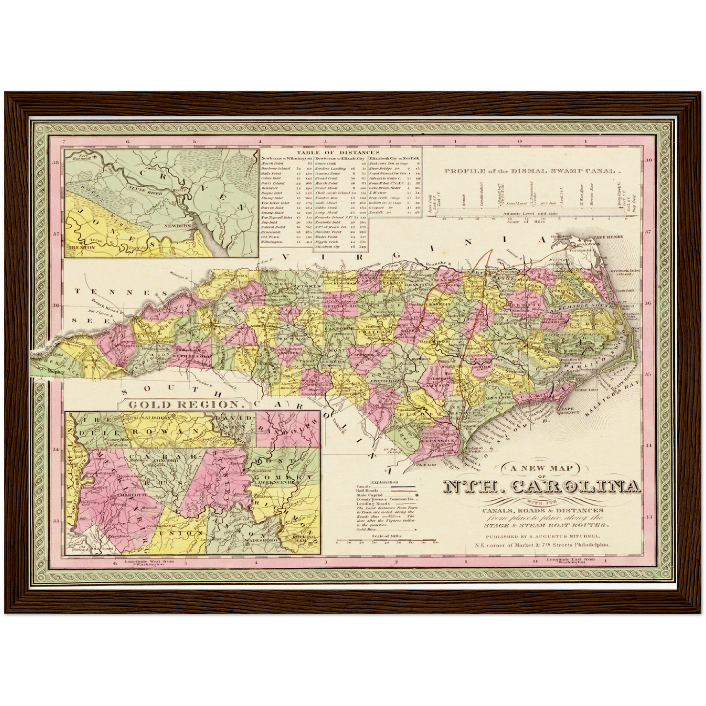 Historische Landkarte North Carolina um 1849