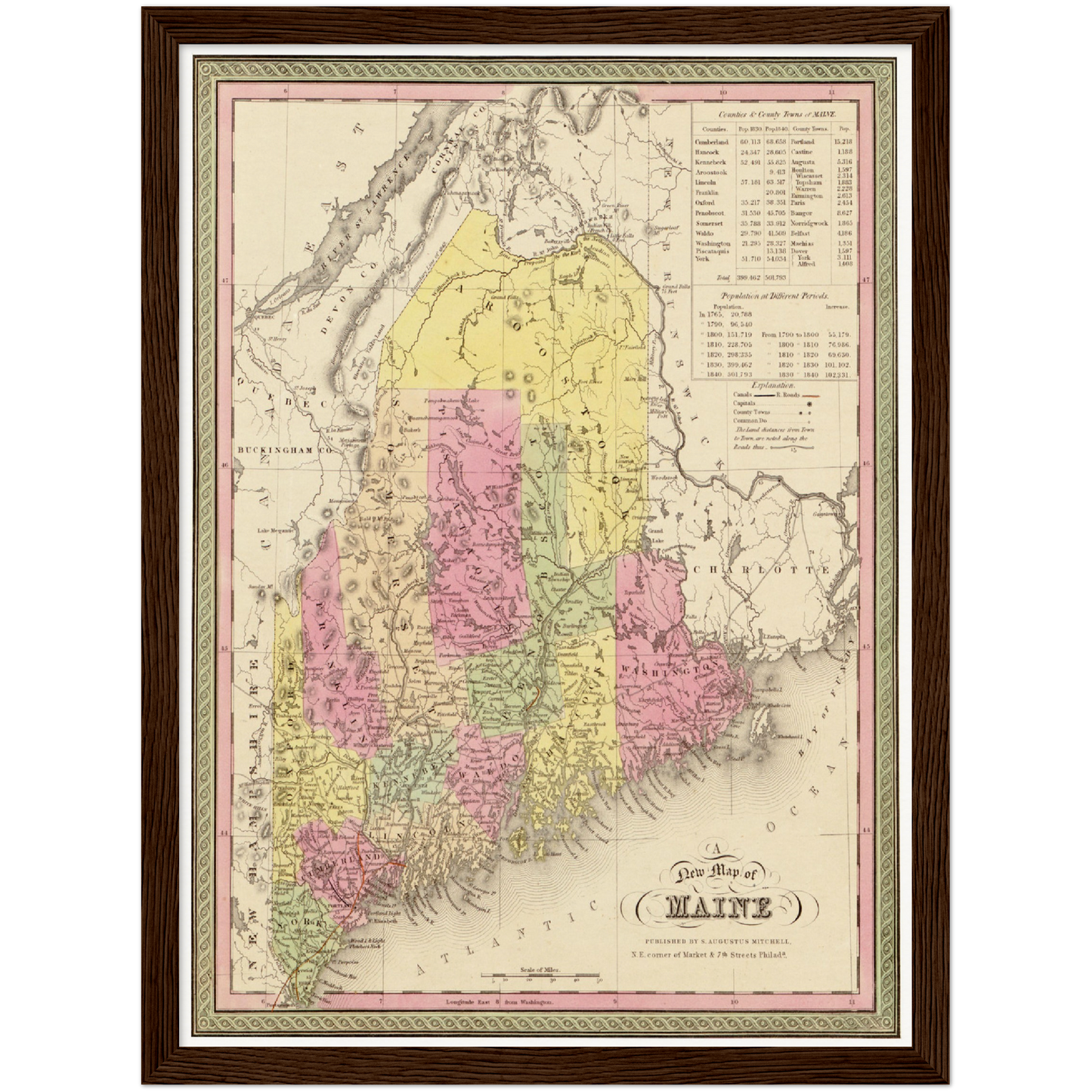 Historische Landkarte Maine um 1849