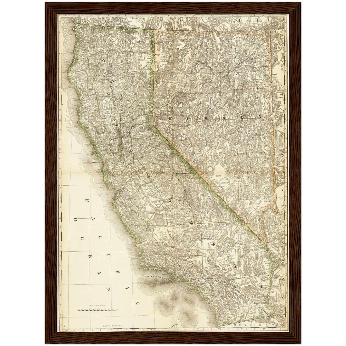 Historische Landkarte Kalifornien & Nevada um 1882
