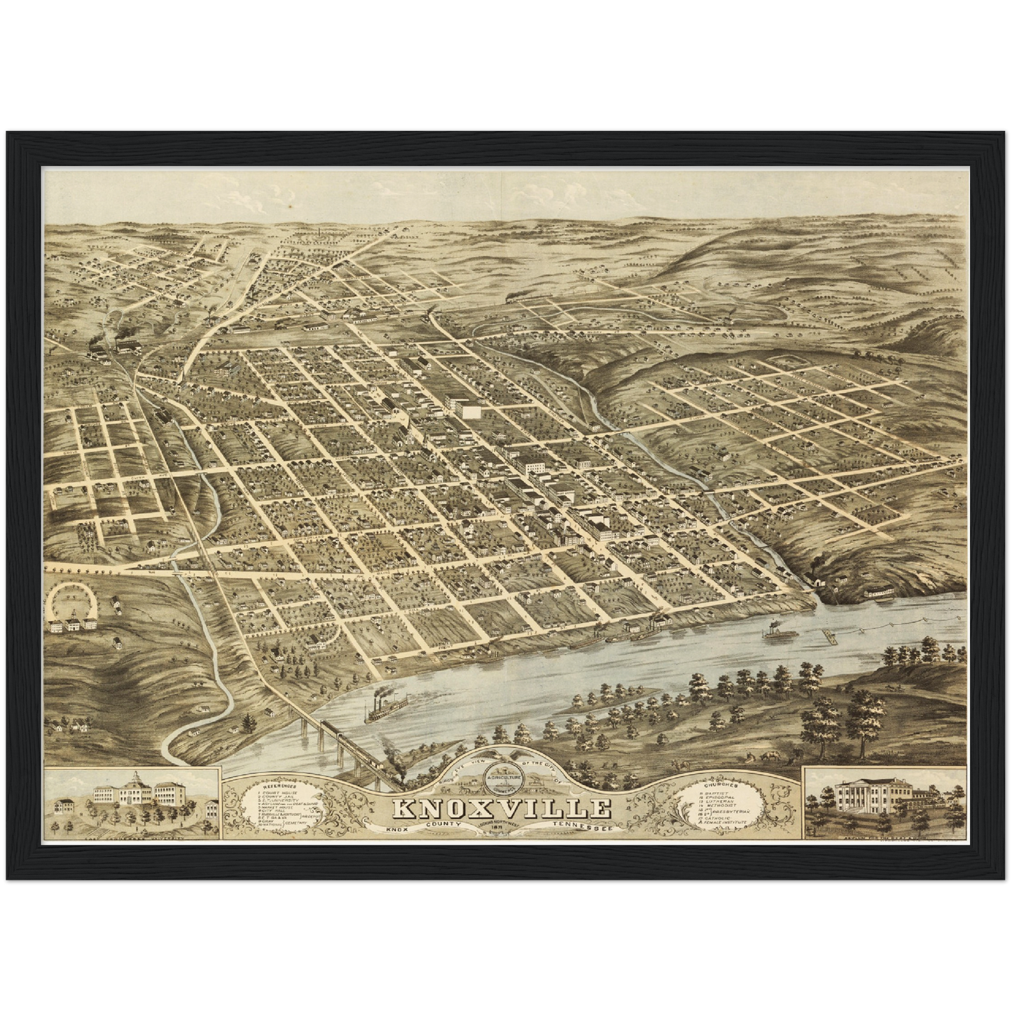 Historische Stadtansicht Knoxville um 1871