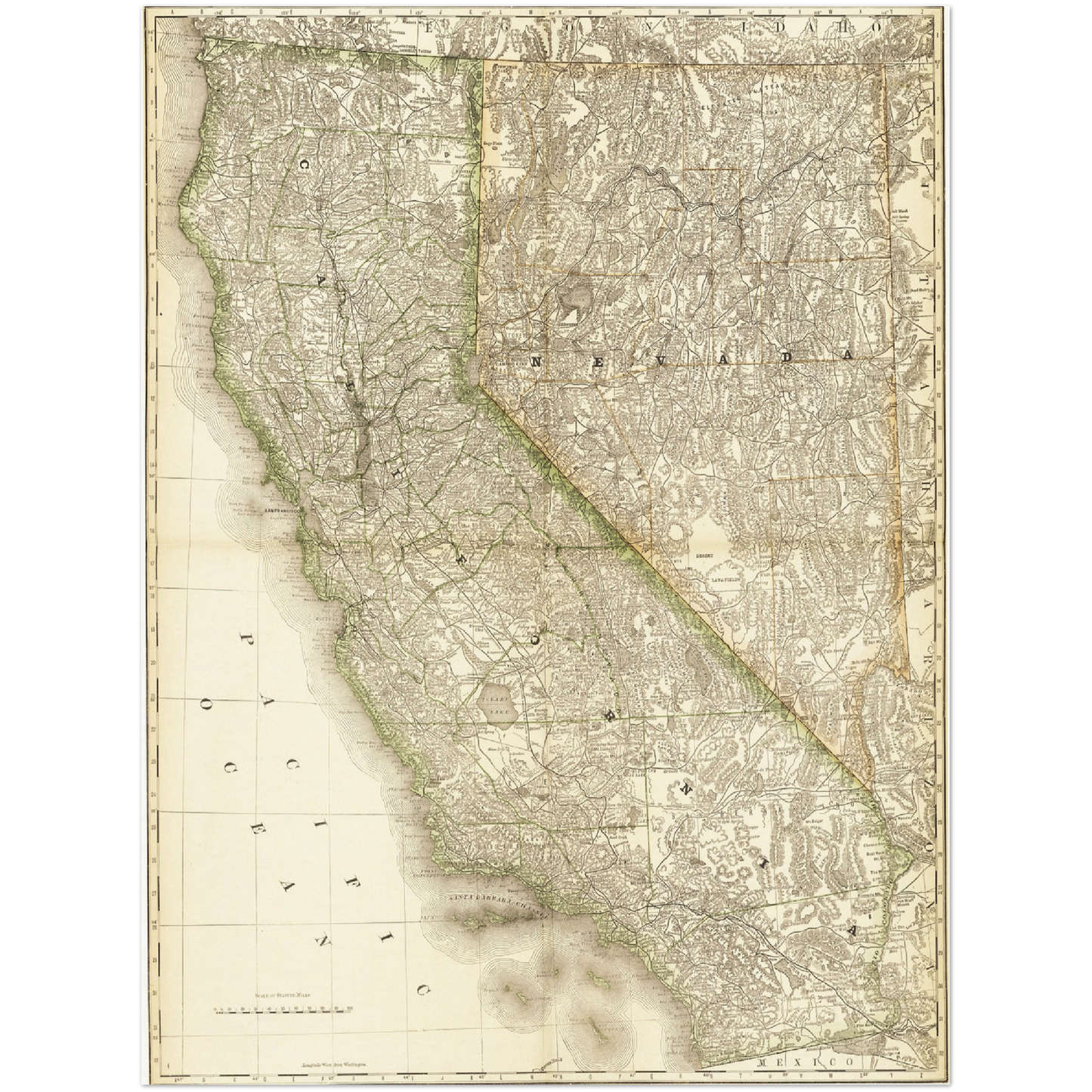 Historische Landkarte Kalifornien & Nevada um 1882