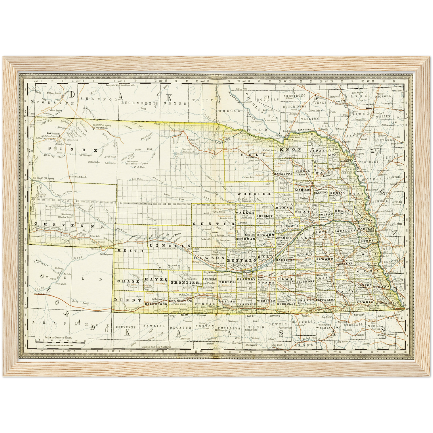 Historische Landkarte Nebraska um 1882