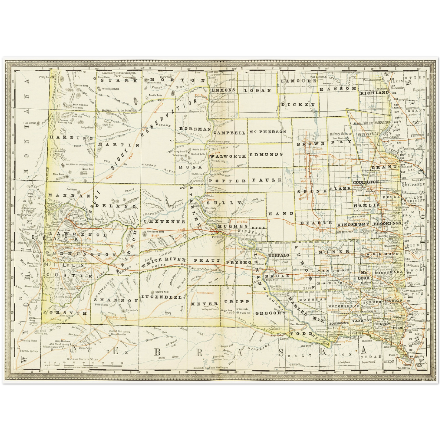 Historische Landkarte South Dakota um 1882