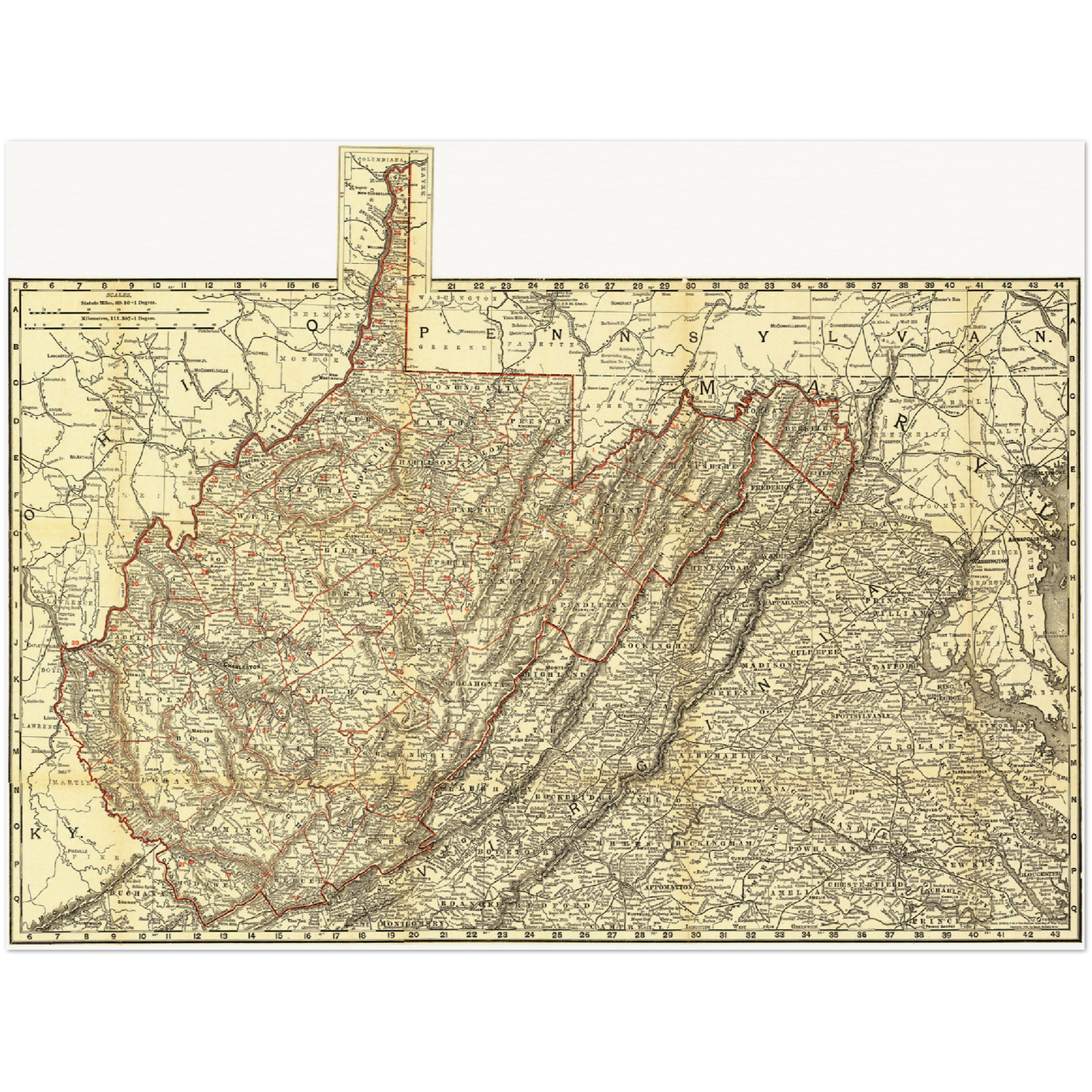 Historische Landkarte West Virginia um 1898
