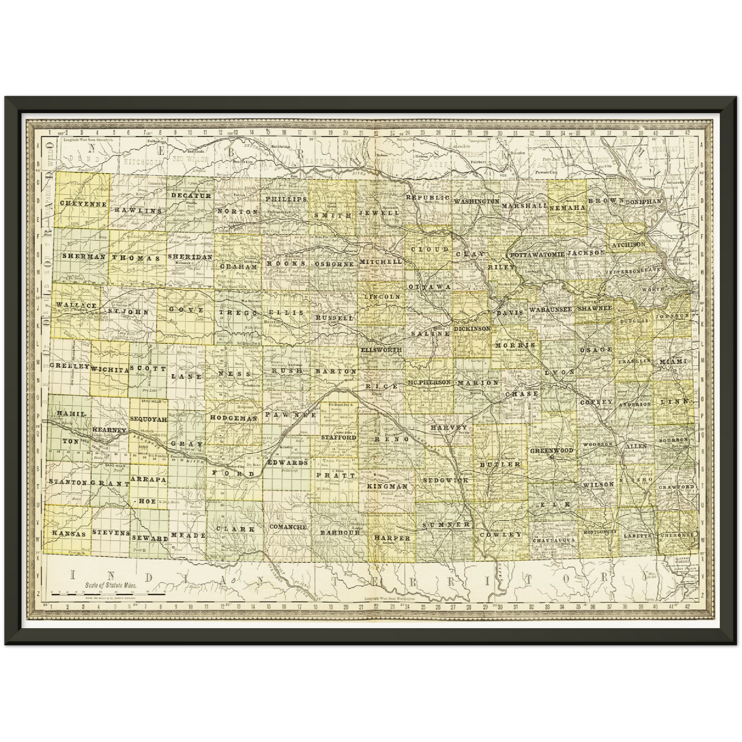 Historische Landkarte Kansas um 1882