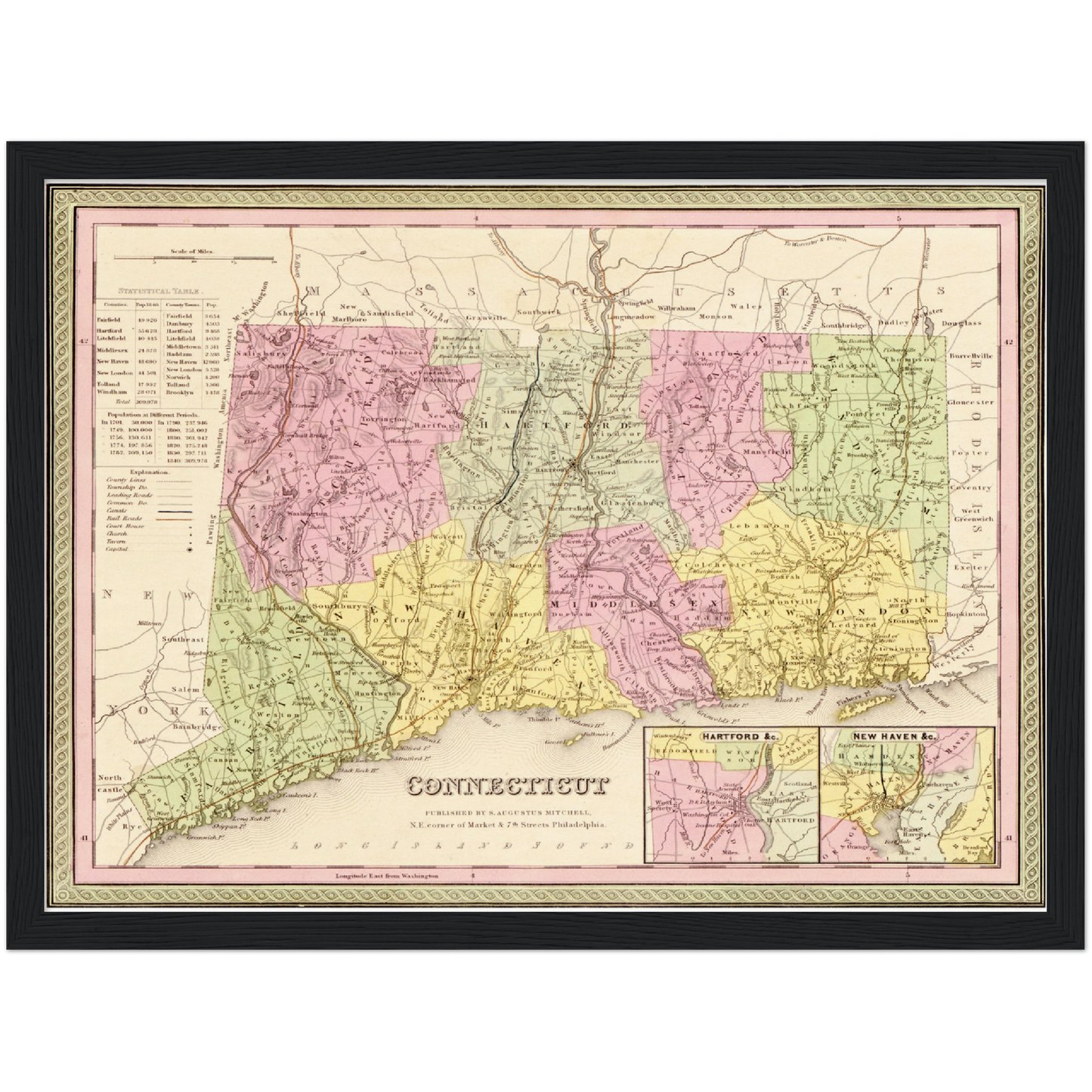 Historische Landkarte Connecticut um 1849