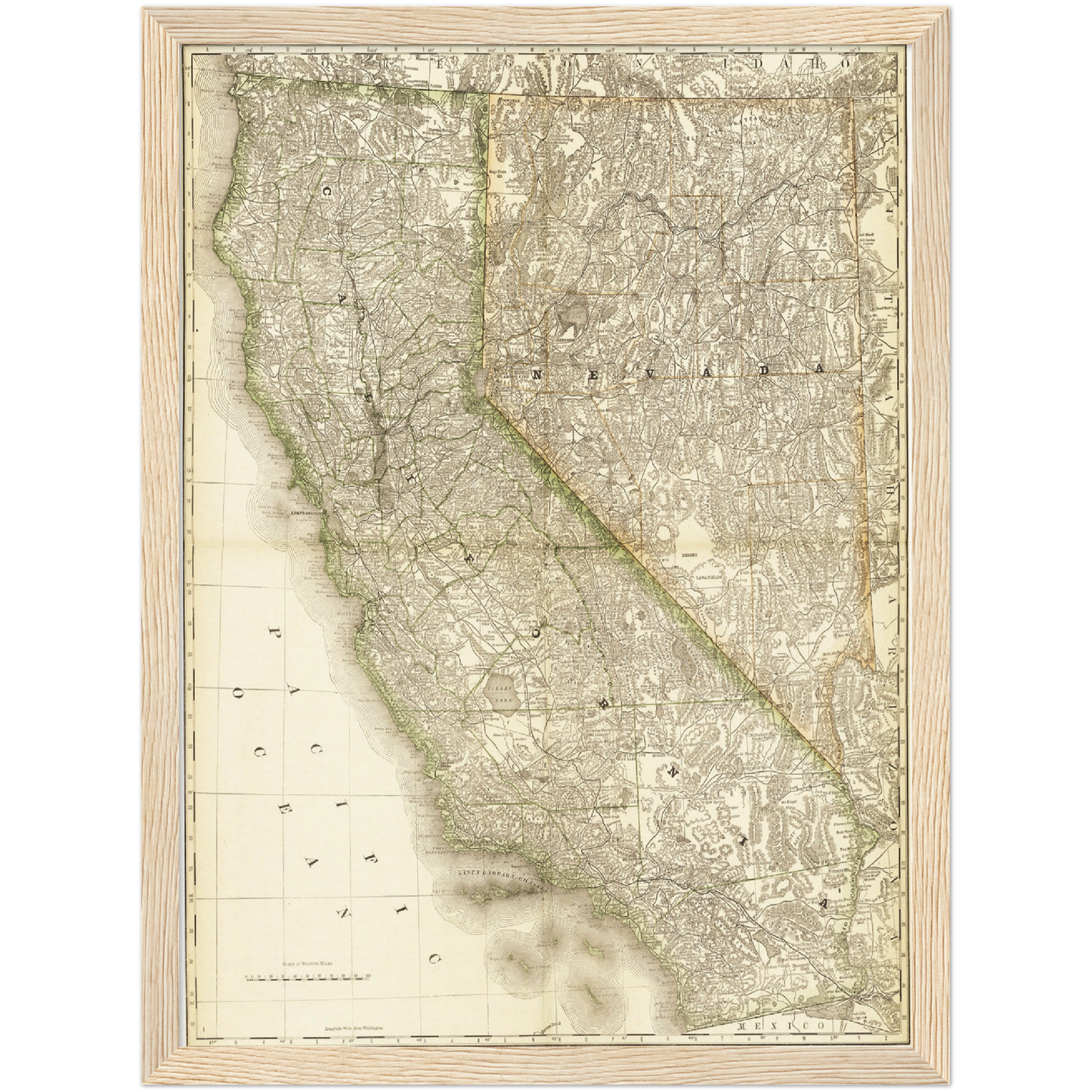 Historische Landkarte Kalifornien & Nevada um 1882
