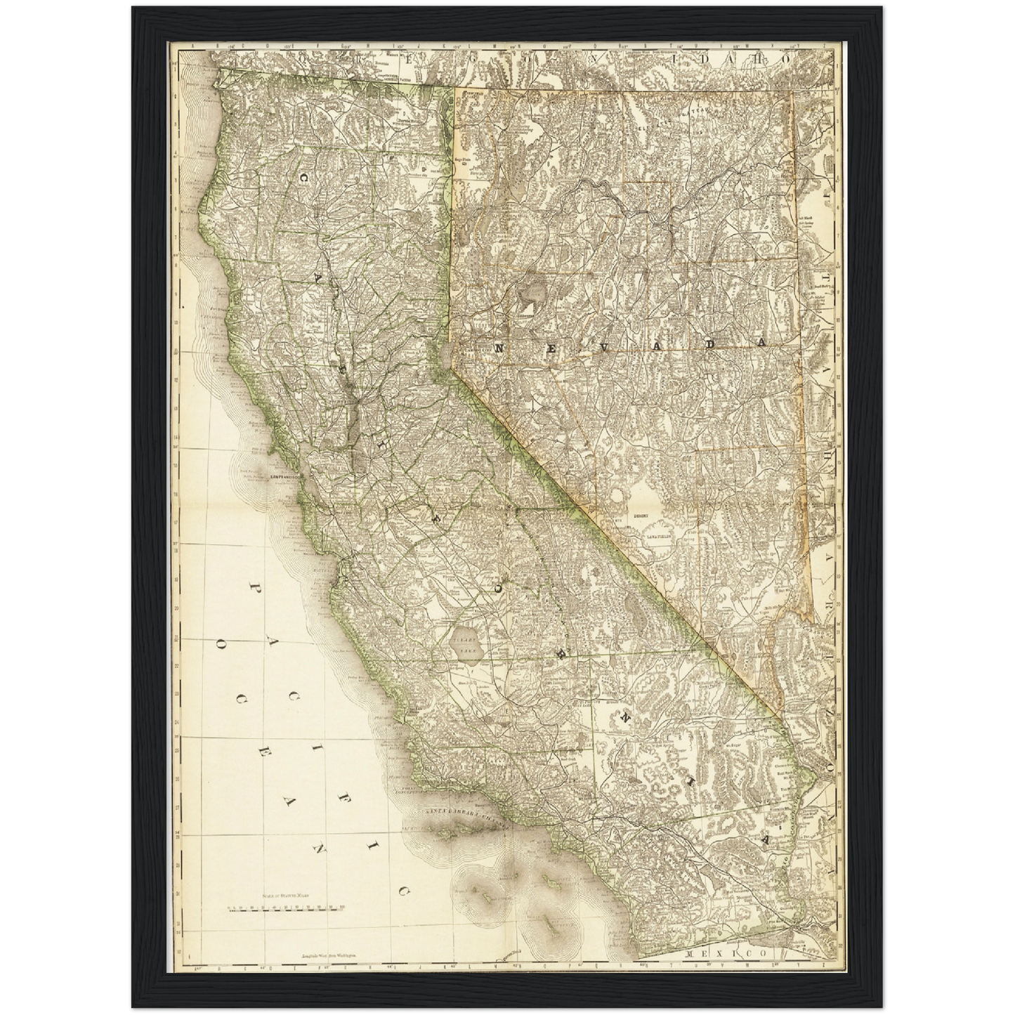 Historische Landkarte Kalifornien & Nevada um 1882