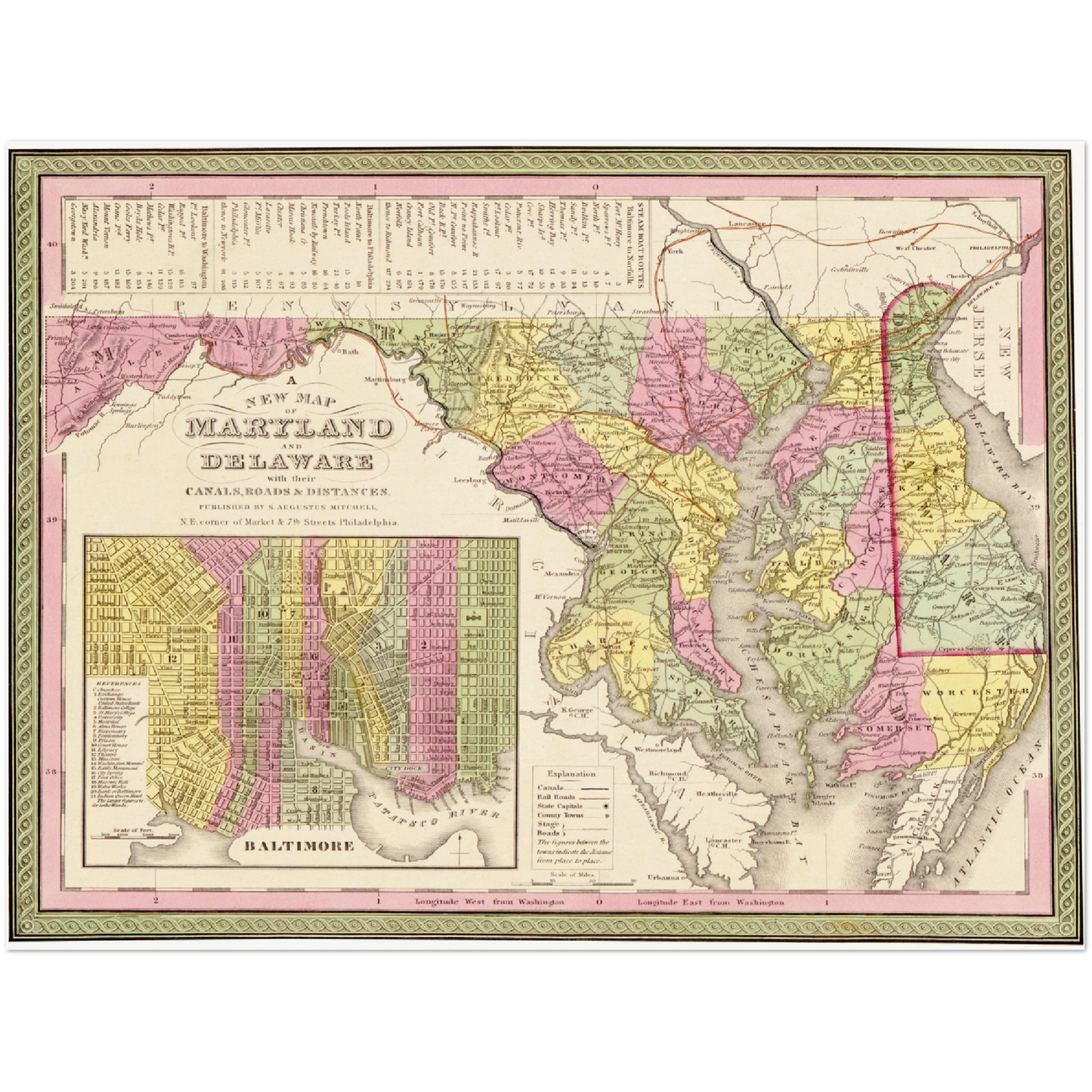 Historische Landkarte Delaware & Maryland um 1849