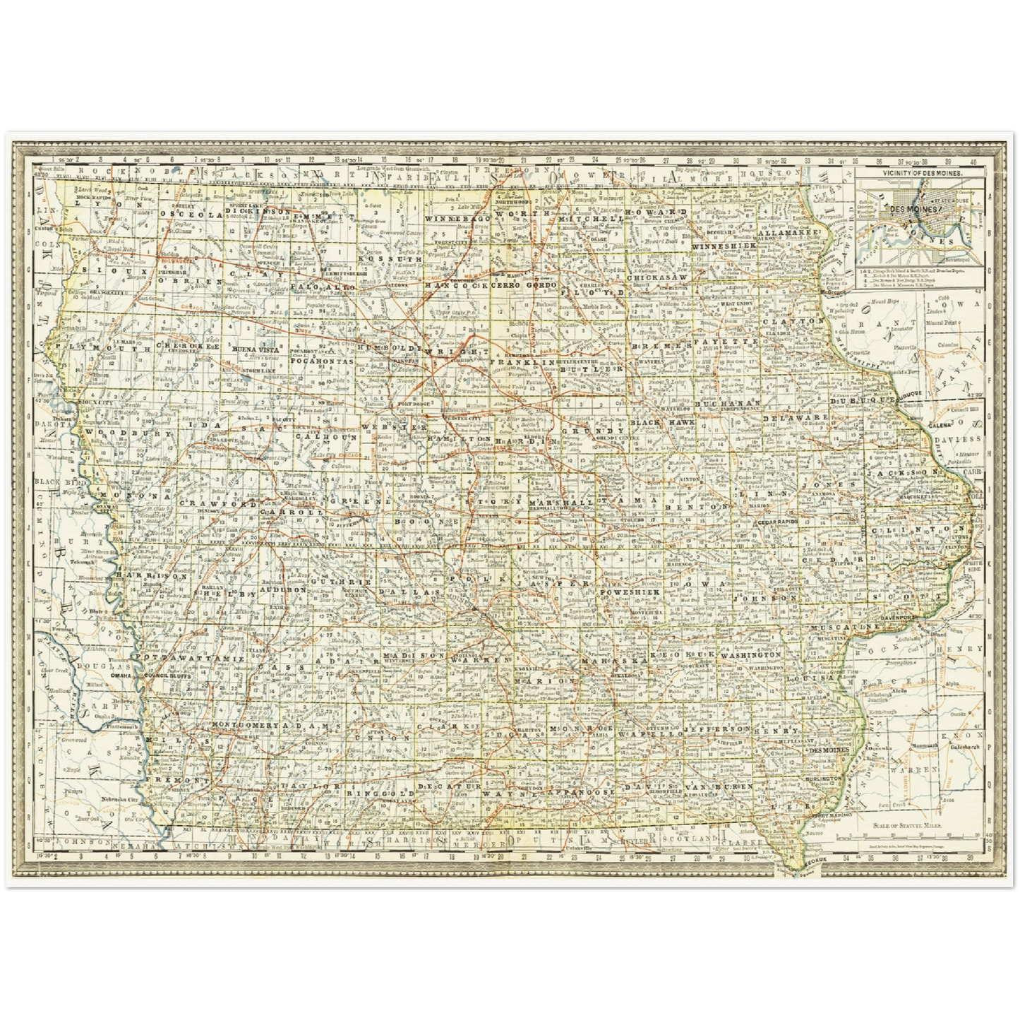 Historische Landkarte Iowa um 1882