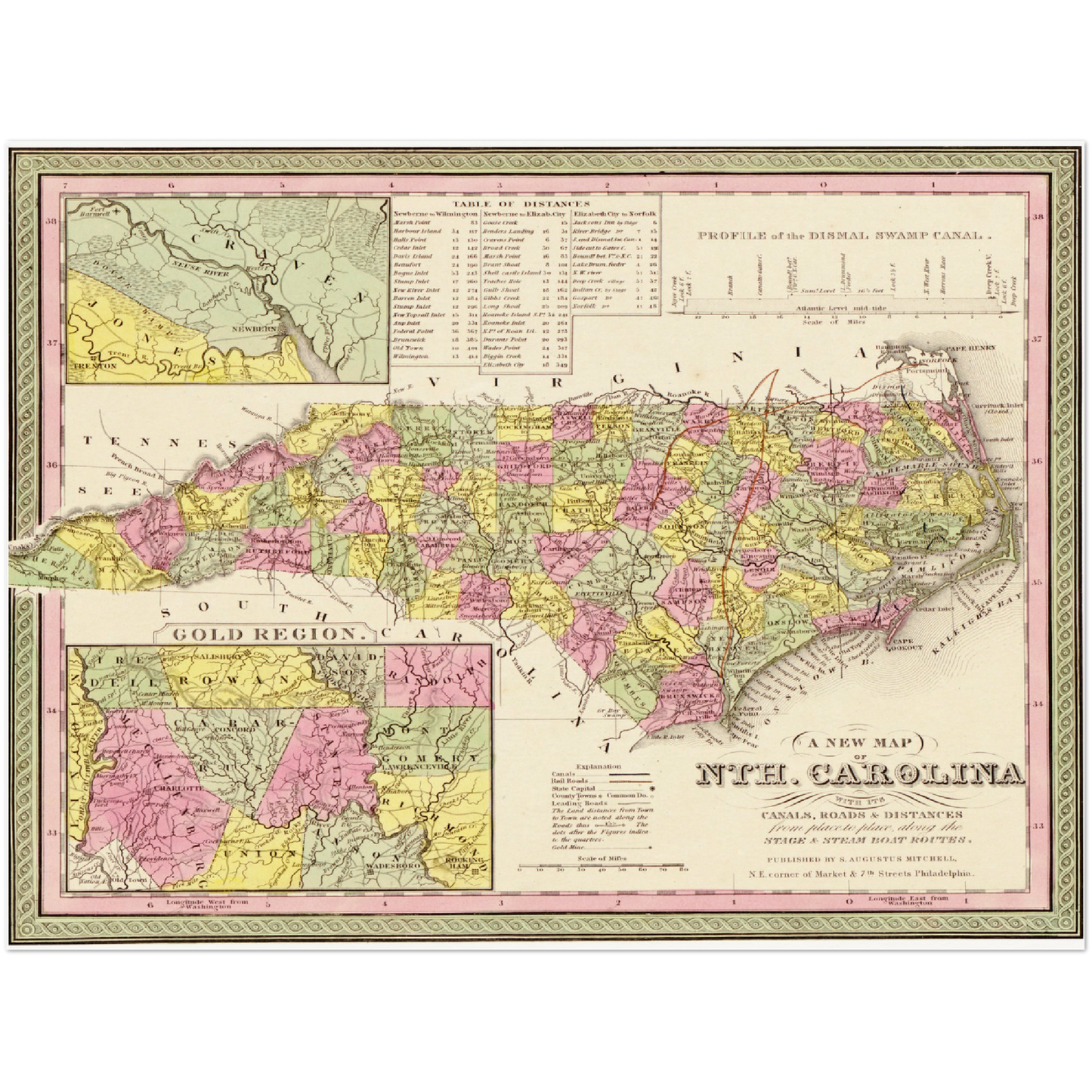Historische Landkarte North Carolina um 1849