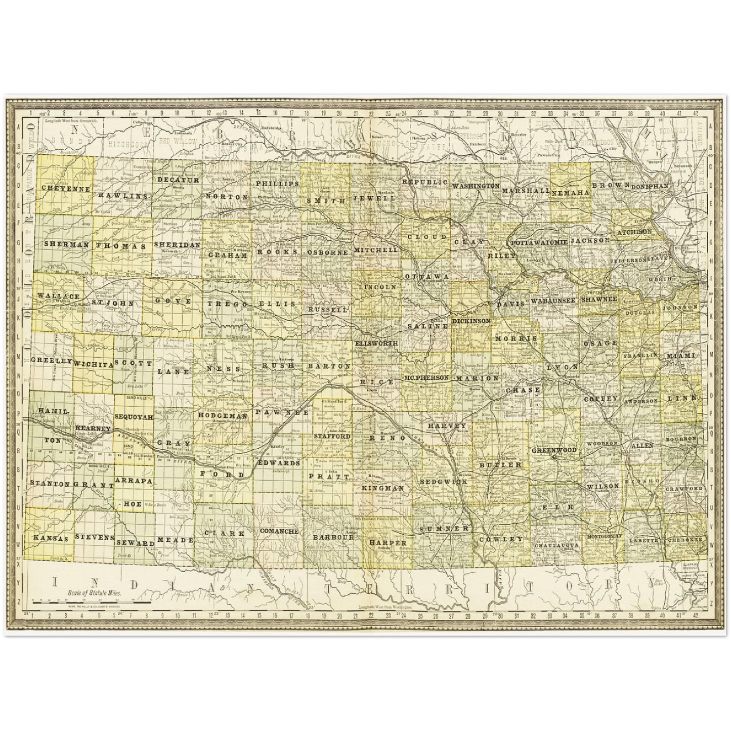 Historische Landkarte Kansas um 1882
