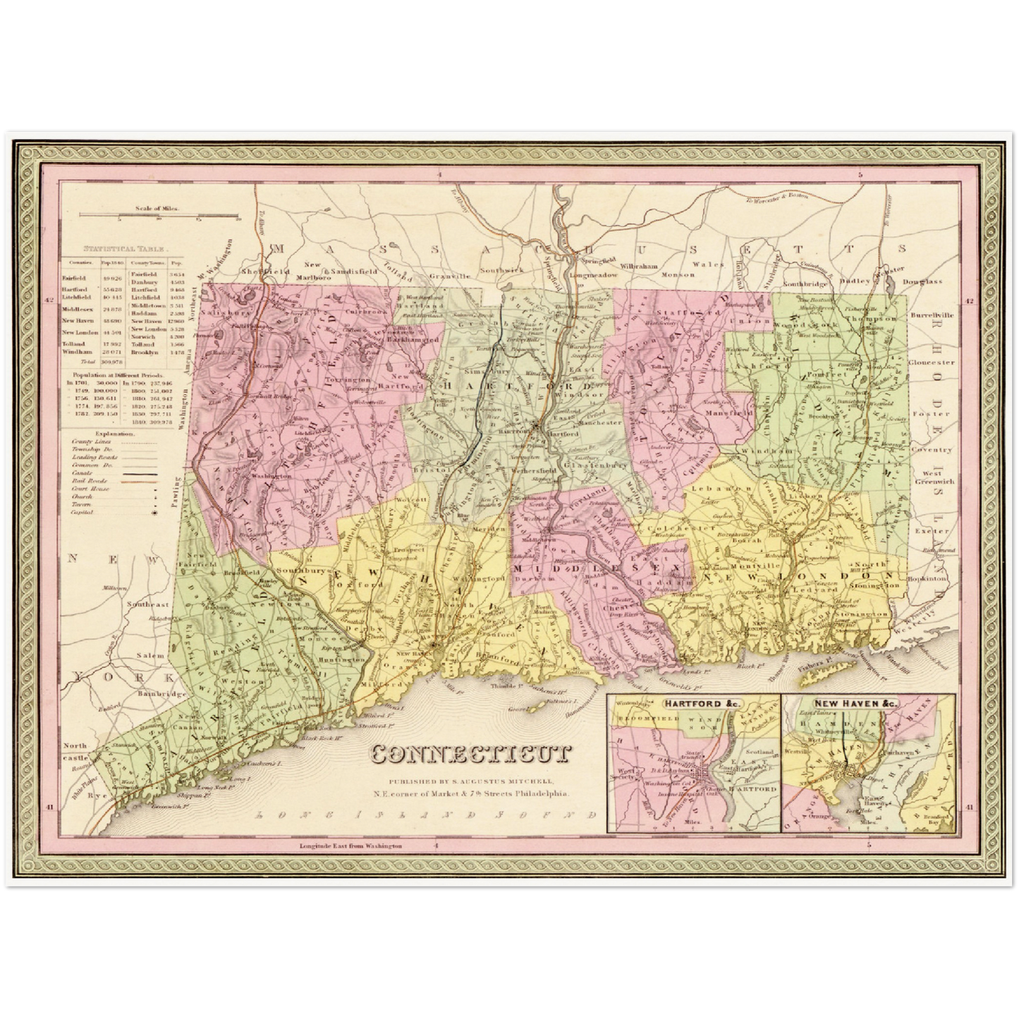 Historische Landkarte Connecticut um 1849
