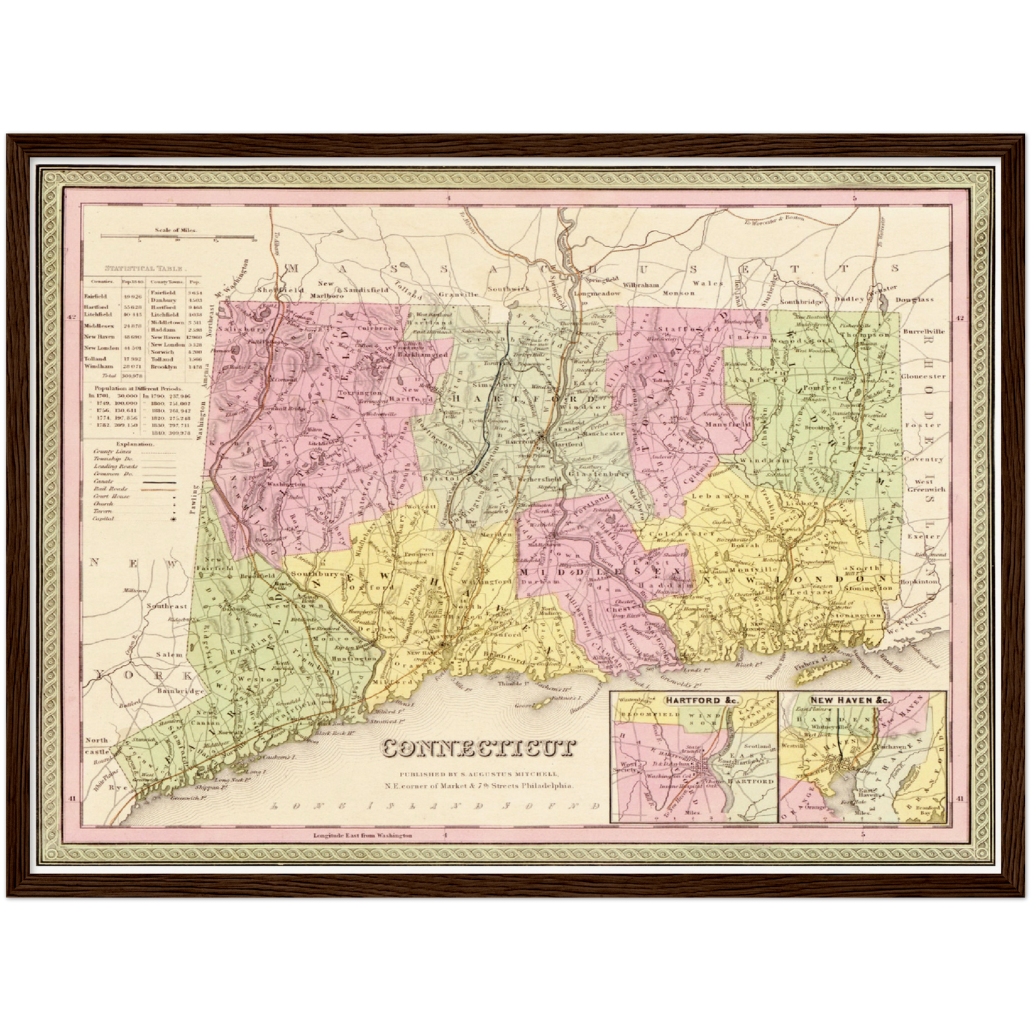 Historische Landkarte Connecticut um 1849