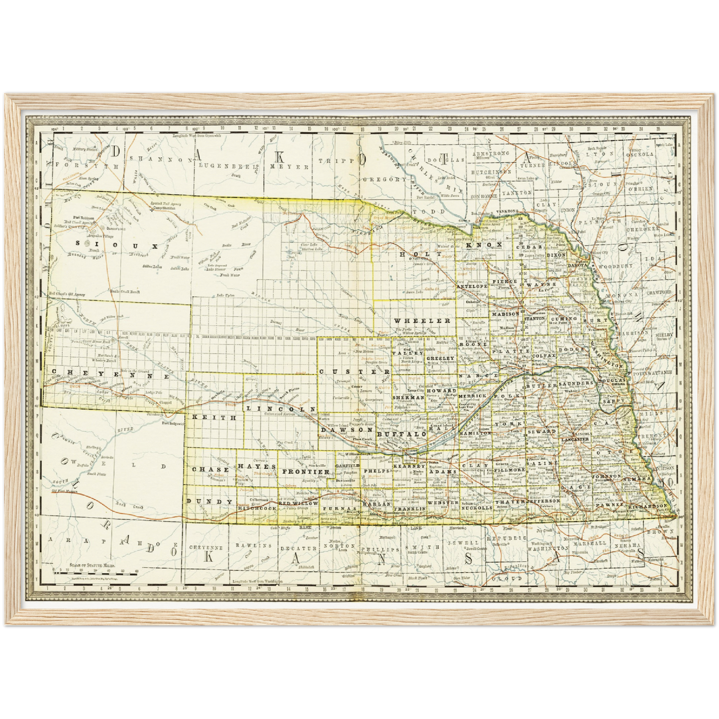 Historische Landkarte Nebraska um 1882