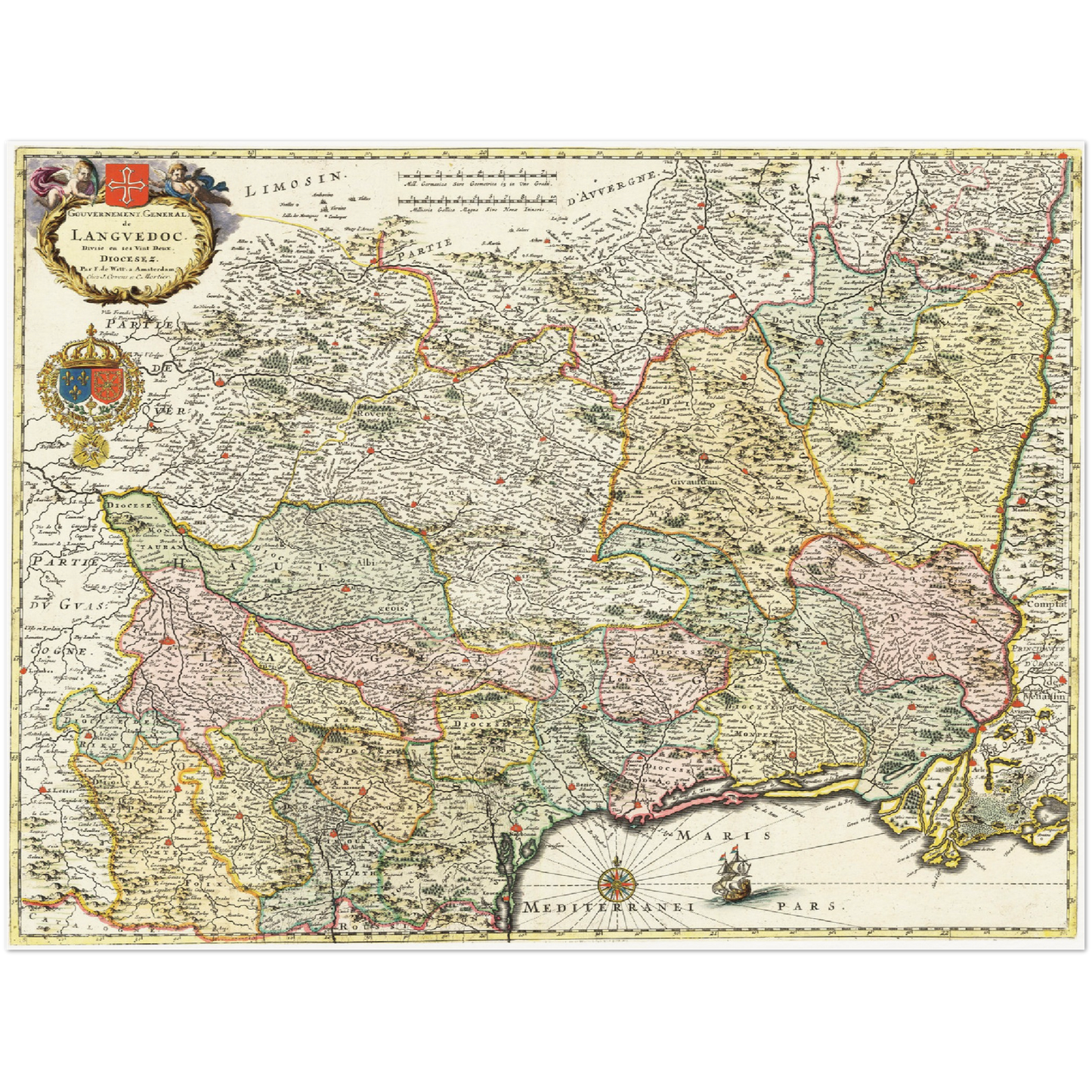 Historische Landkarte Languedoc um 1721