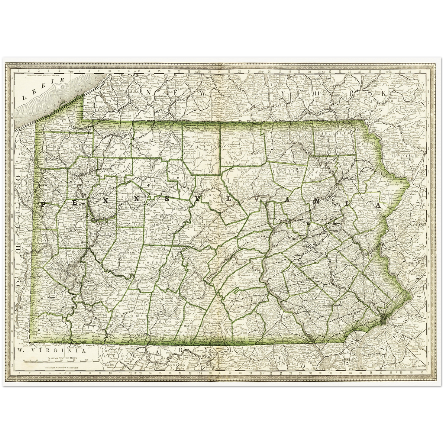 Historische Landkarte Pennsylvania um 1882